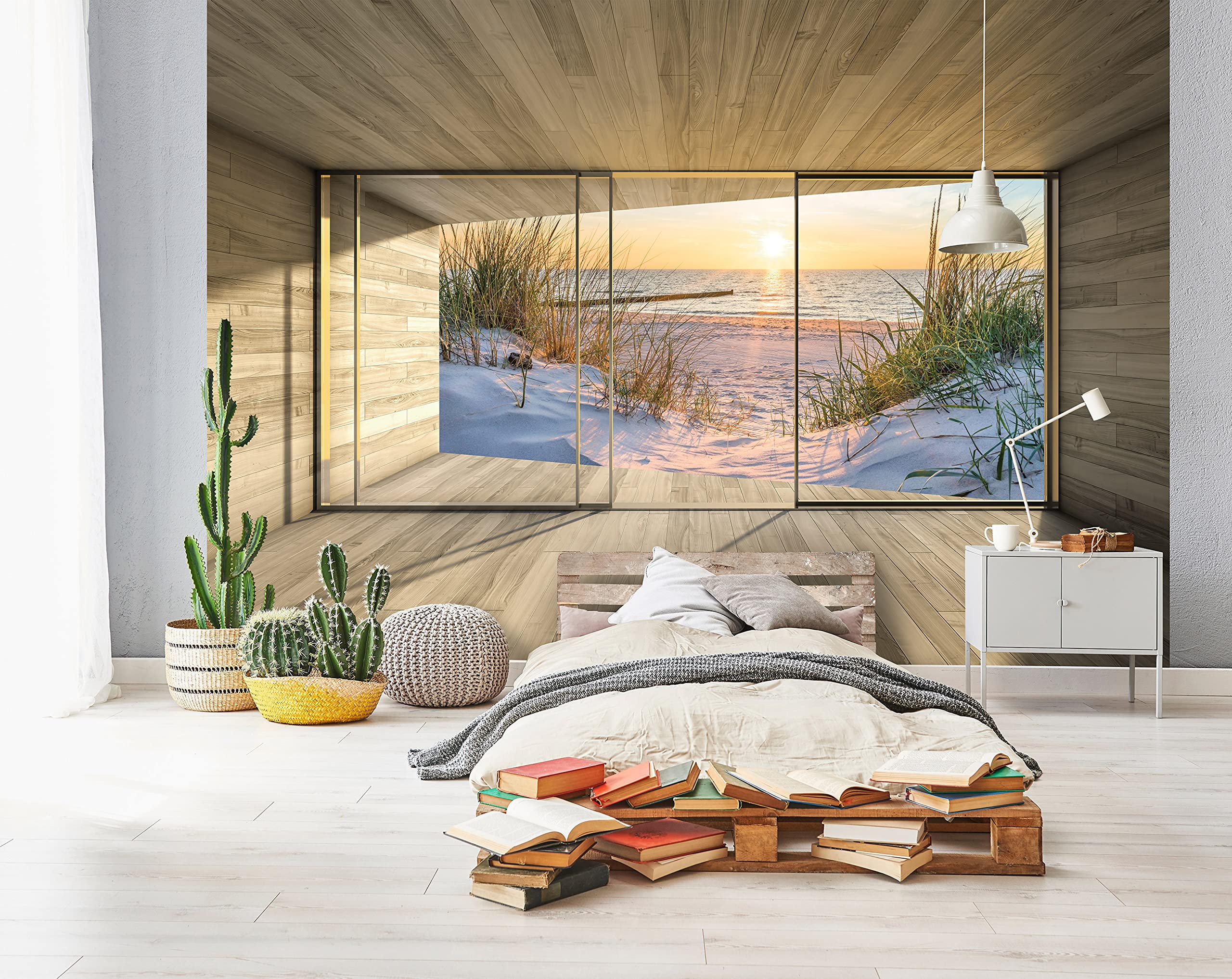 Wallarena Fototapeta z efektem 3D, widok na okno, Morze Północne, plaża, morze, nowoczesna, do salonu, sypialni, odporna na działanie promieni UV, gotowa do montażu (416 x 254 cm - 4 pasy)