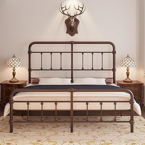 Giselle - Base de cama tamaño King y cabecero de metal antiguo, base de colchón con plataforma de hierro, 49 pulgadas de alto, no necesita somier