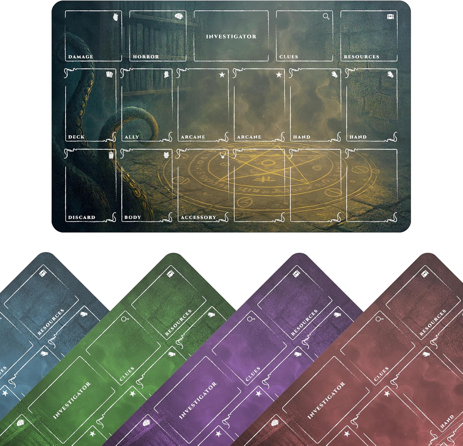 Arkham Horror Card Game Player Mat – 17x11” LCG Investigator Game Mat with Deck Zones – 5 Colors Options – Non-Slip Stitched Edges Playmat