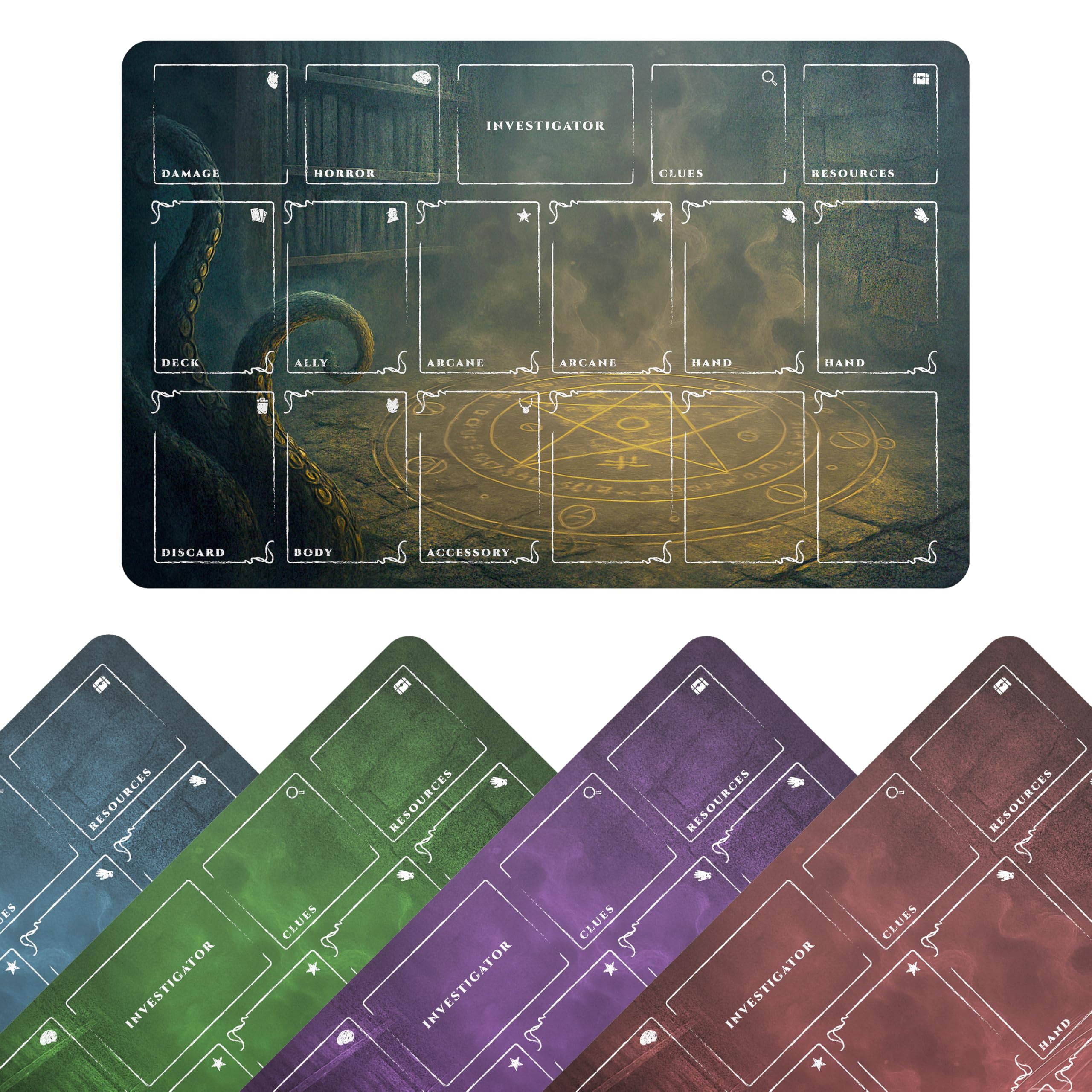 Amazon.com: Arkham Horror Card Game Player Mat – 17x11” LCG Investigator Game  Mat with Deck Zones – 5 Colors Options – Non-Slip Stitched Edges Playmat :  Toys & Games