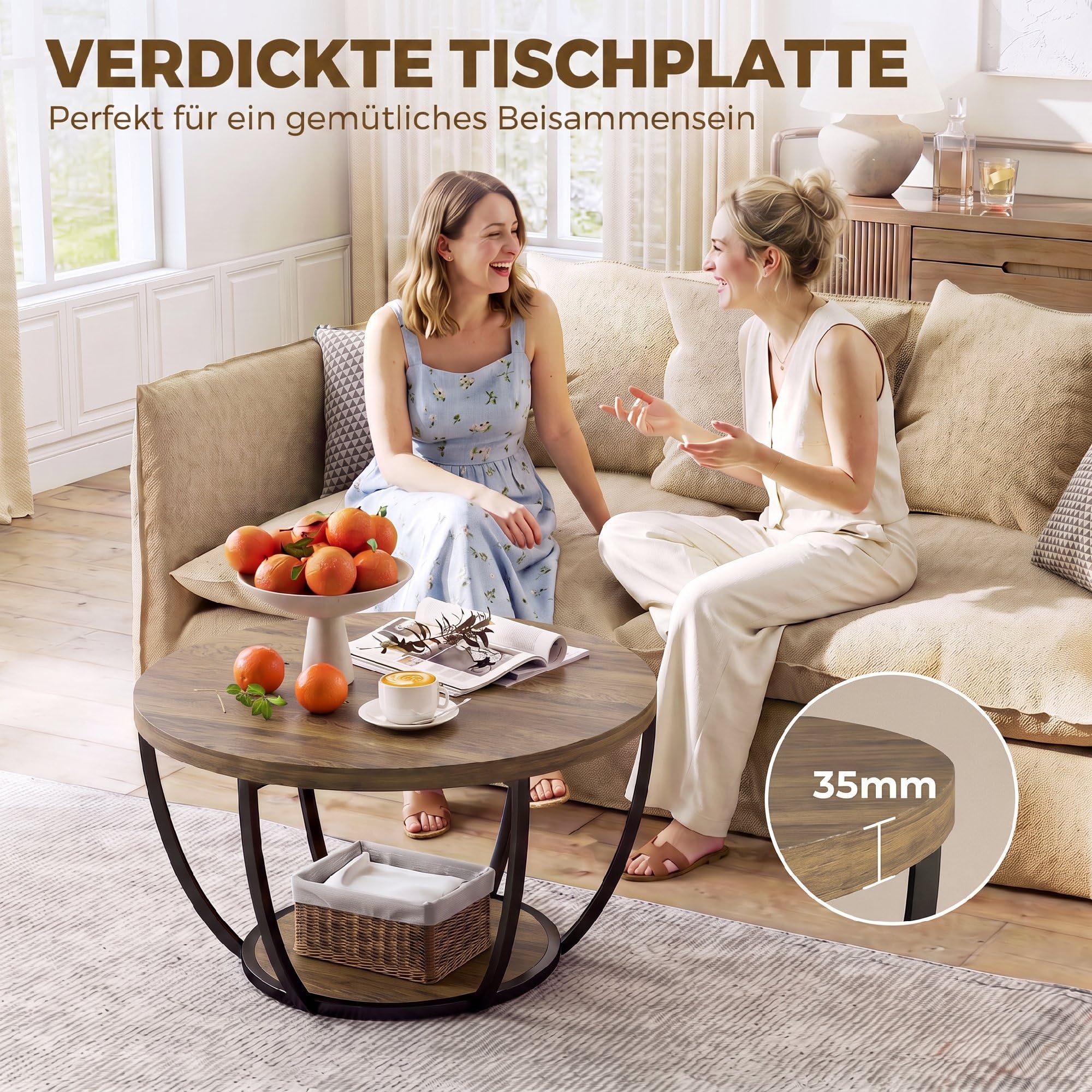 HOMCOM Couchtisch Rund mit Stauraum, 2 Ebenen, 80 x 80 x 43,8 cm Braun