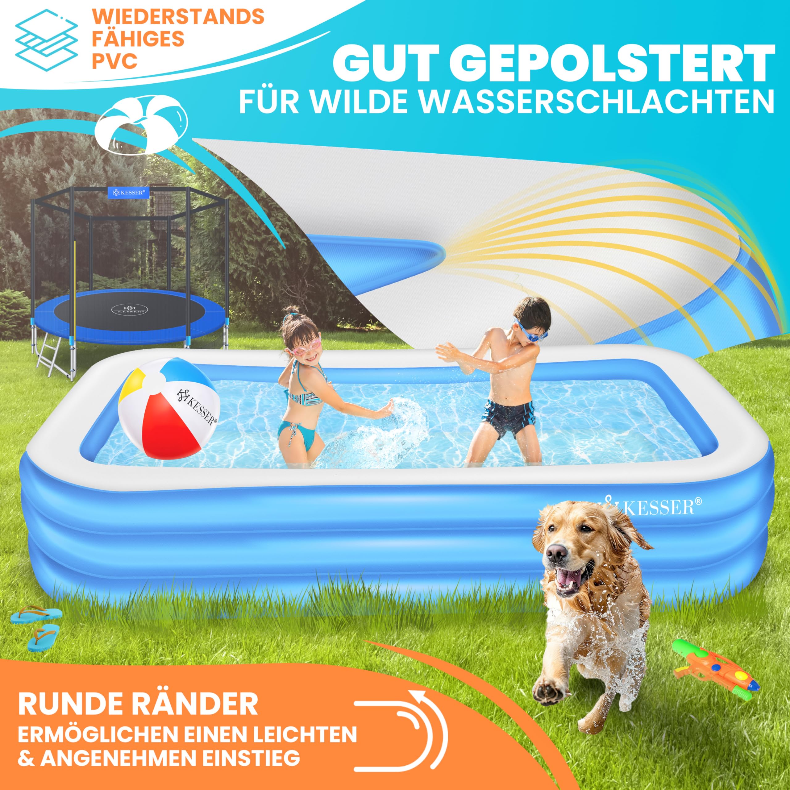 KESSER® Piscine Gonflable Familiale pour Enfants et Adultes, Rectangulaire Bleu Clair, 240x142x56 cm, 613 litres, Adaptée aux Enfants, Trous de Drainage