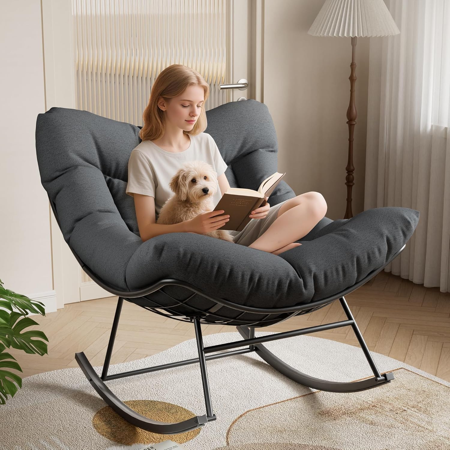 GAOMON Outdoor Papasan Rocking Chair with Ottoman, 400 LB Capacity, All-Weather Rattan Patio Egg Rocker for Balcony, Backyard, Deck, and Bedroom, Grey