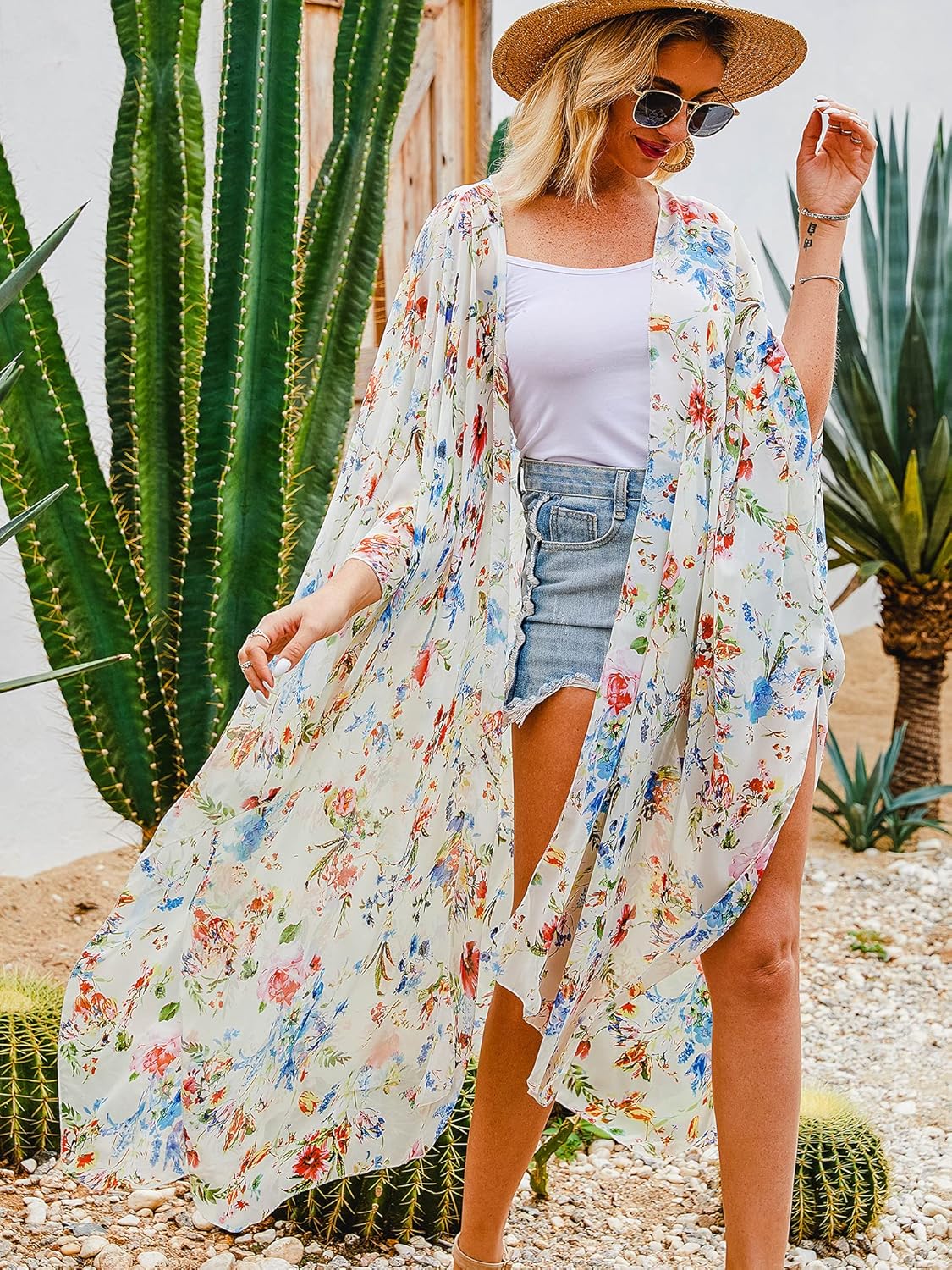 Hibluco Women's Long Floral Kimono Printed Cardigan Sheer Swimsuit Cover Ups - Image 2