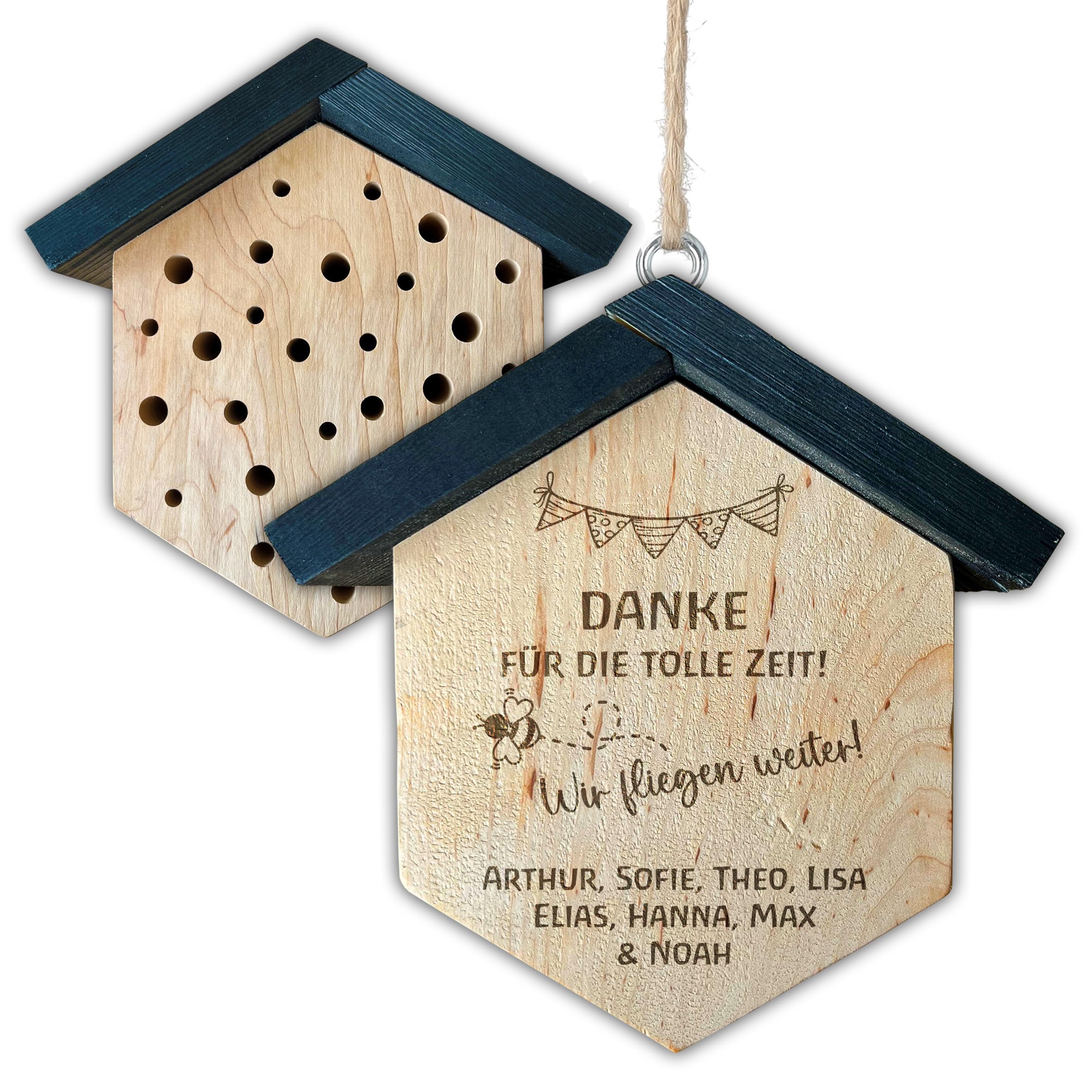 Insektenhotel zum Kita-Abschied mit Namen personalisiert, Bienenhotel aus Holz, Geschenk für Erzieherin Tagesmutter Lehrerin zum Kindergarten Abschied, Danke für die tolle Zeit Wir fliegen weiter