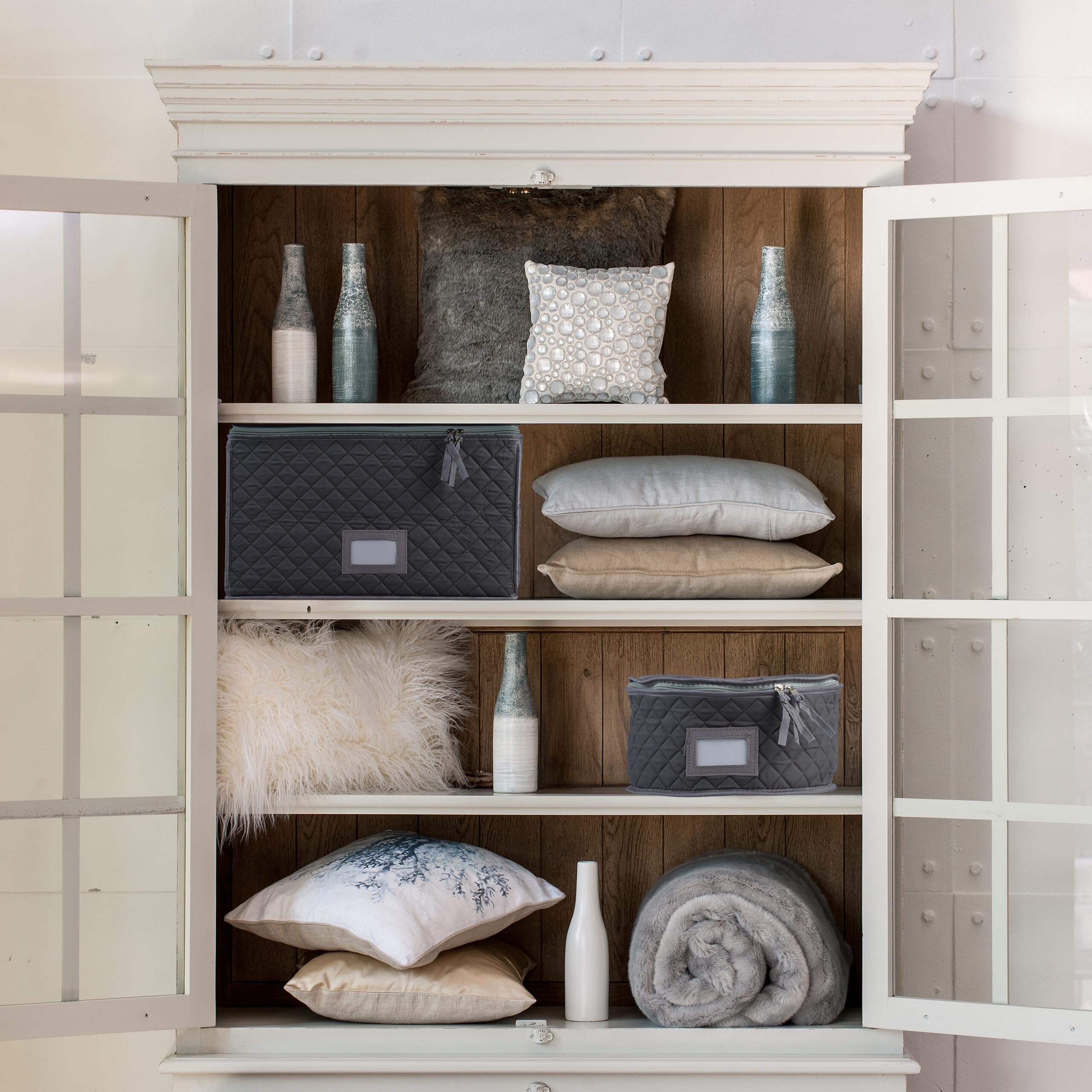 Relaxdays Boîte de Rangement pour la Vaisselle, Set de 6, pour 12 Assiettes, Verres et Tasses, rembourrée, Gris
