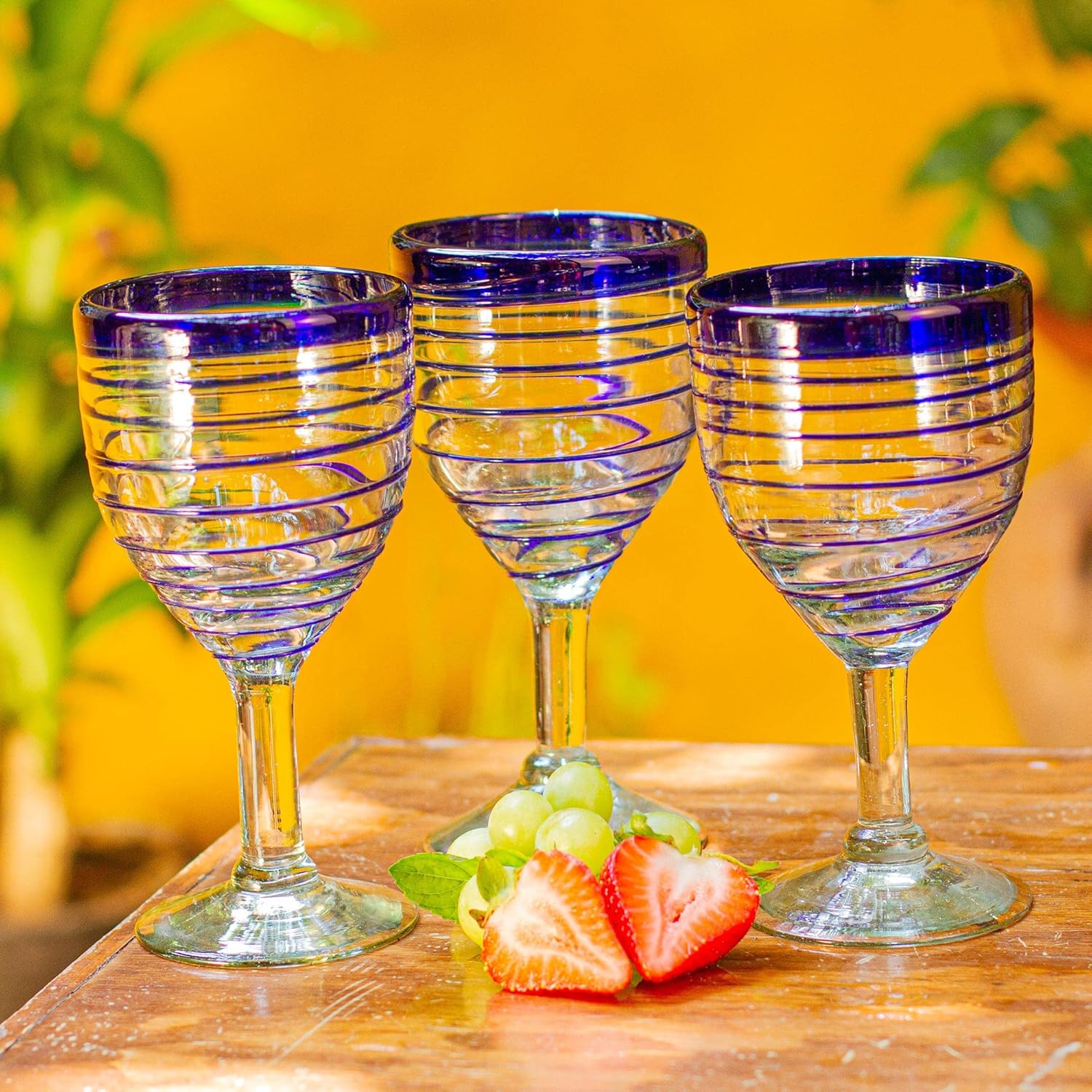 NOVICA Wine Glass, 7" H x 3.5" Diam, White & Blue,83020