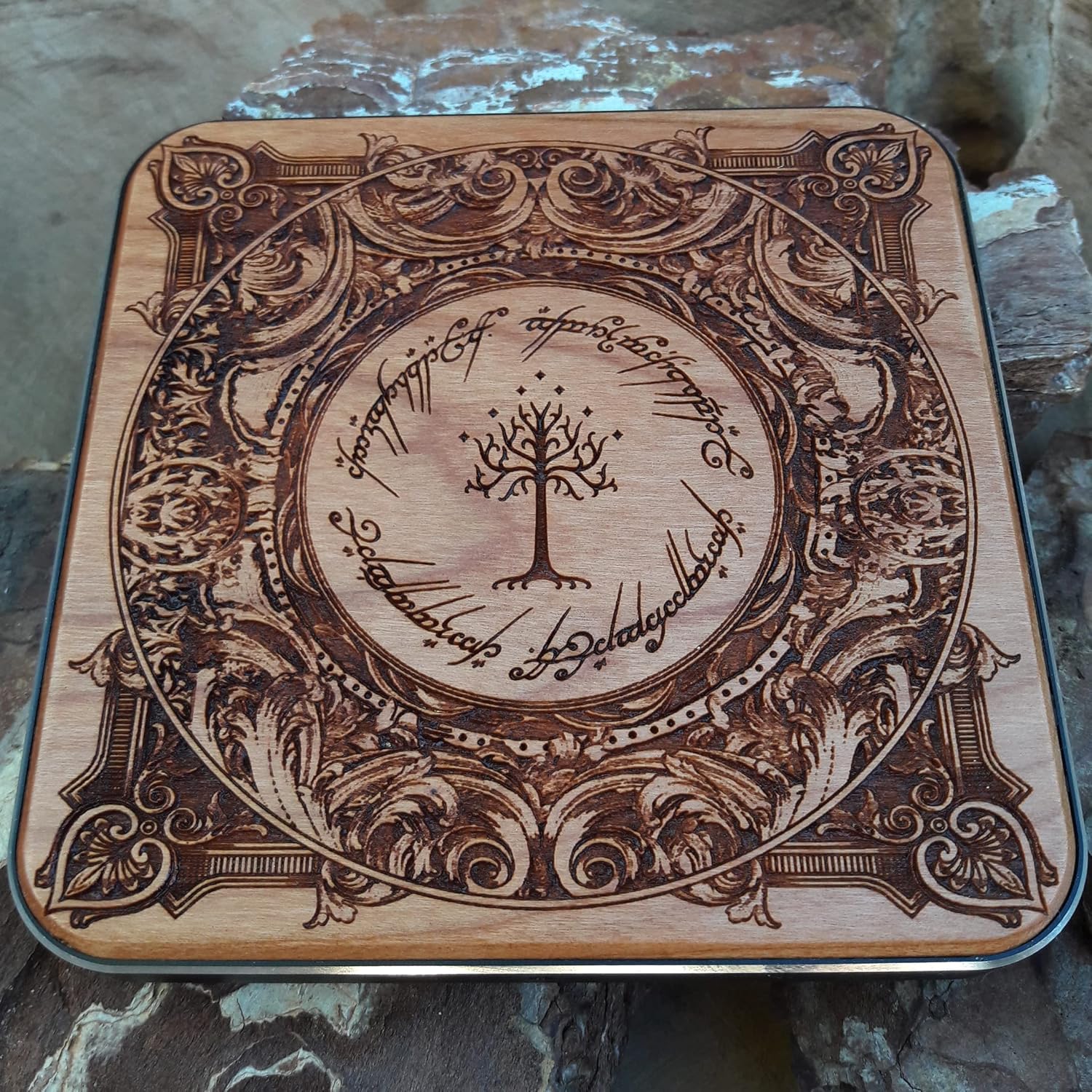15W Wireless Charger – Engraved Fantasy Tree Symbol in Cherry Wood | Fast Qi Charging Pad with Black Aluminum Base | for iPhone 16, Galaxy S25, S24 | Gothic Elven Desk Decor