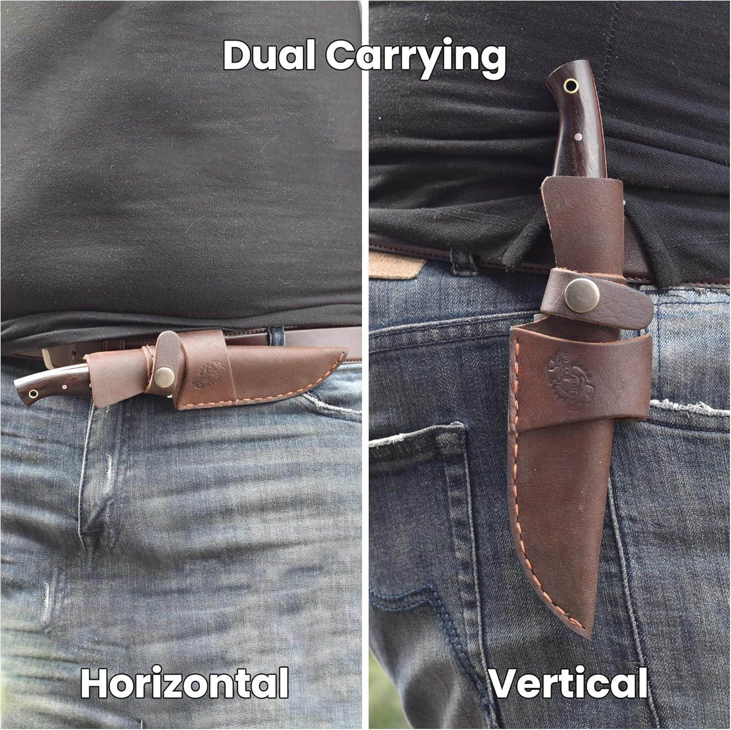 Knives Ranch Fixed Blade Knife for Hunting, Bushcraft & Camping - Full Tang - Forged Damascus Steel - Rosewood Handle - Genuine Leather Sheath