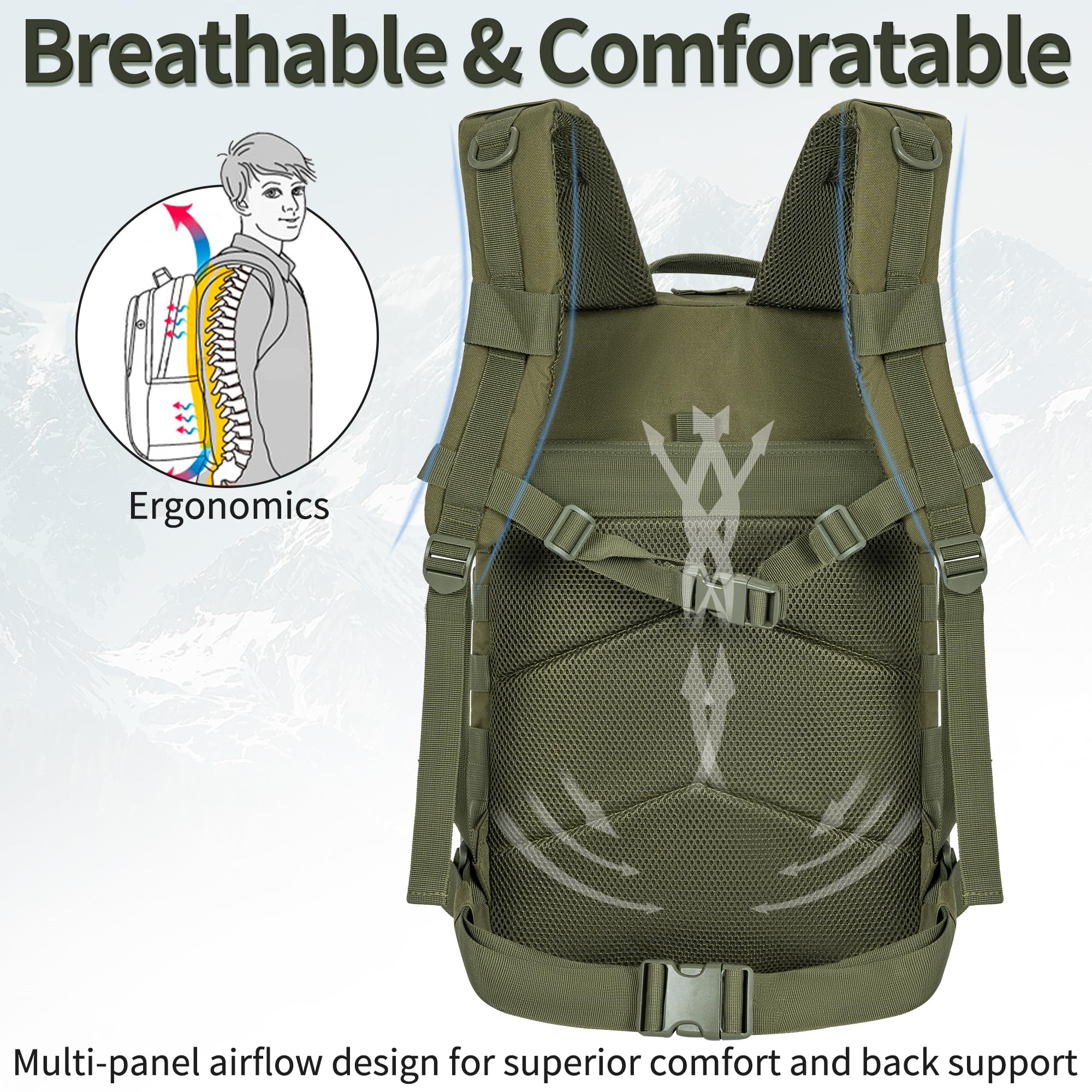 OUUTMEE Sac à dos tactique militaire (25 L/35 L/45 L), sac à dos MOLLE pour homme et femme, sac à dos militaire pour la chasse, le camouflage, sac à dos de 3 jours, sac pour ordinateur portable, sac