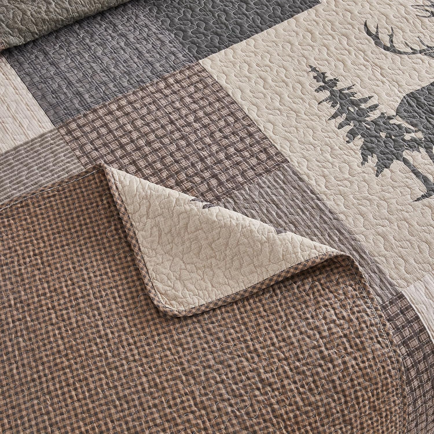 120"x120" Oversized Bedspread - 100% Cotton, Bear Deer Prints California King Extra Large Quilt, Cal King Farmhouse Cottage Plaid XL Bed Spread Lightweight Comforter, 3pcs, Brown/Green