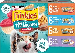 Purina Friskies Tasty Treasures Prime Filets Wet Cat Food Variety Pack, 24 x 5.5 oz Cans - Chicken, Tuna, Turkey Flavors
