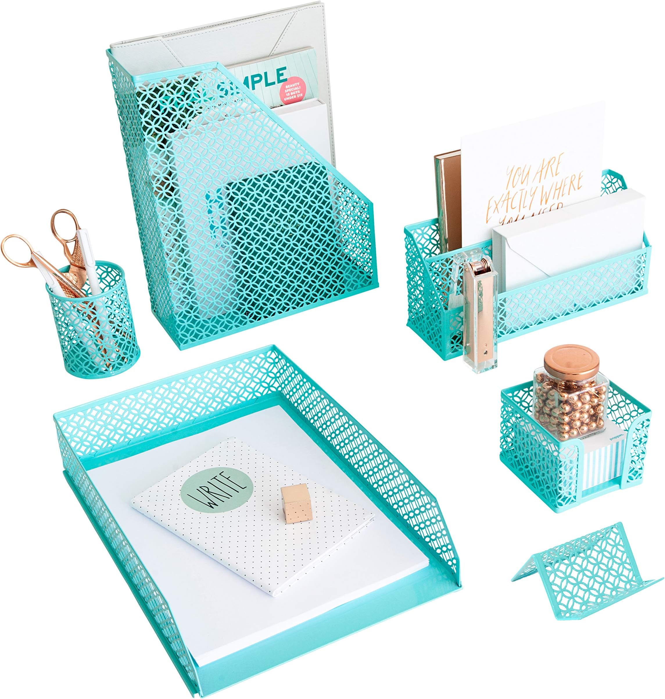 Aqua - Teal 6 Piece Cute Desk Organizer Set - Desk Organizers and Accessories for Women - Cute Office Desk Accessories - Desktop Organization
