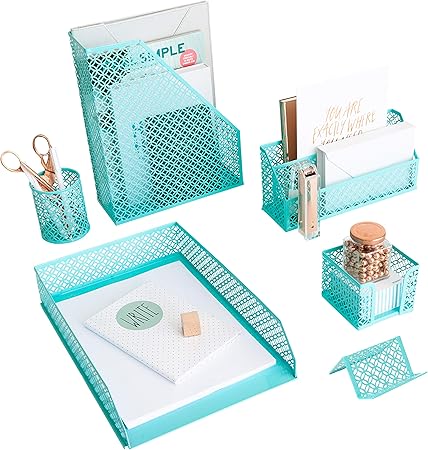 Amazon Co Jp Aqua ティール 6ピース かわいいデスクオーガナイザーセット デスクオーガナイザーとアクセサリー かわいいオフィスデスクアクセサリー デスクトップオーガナイザー 文房具 オフィス用品