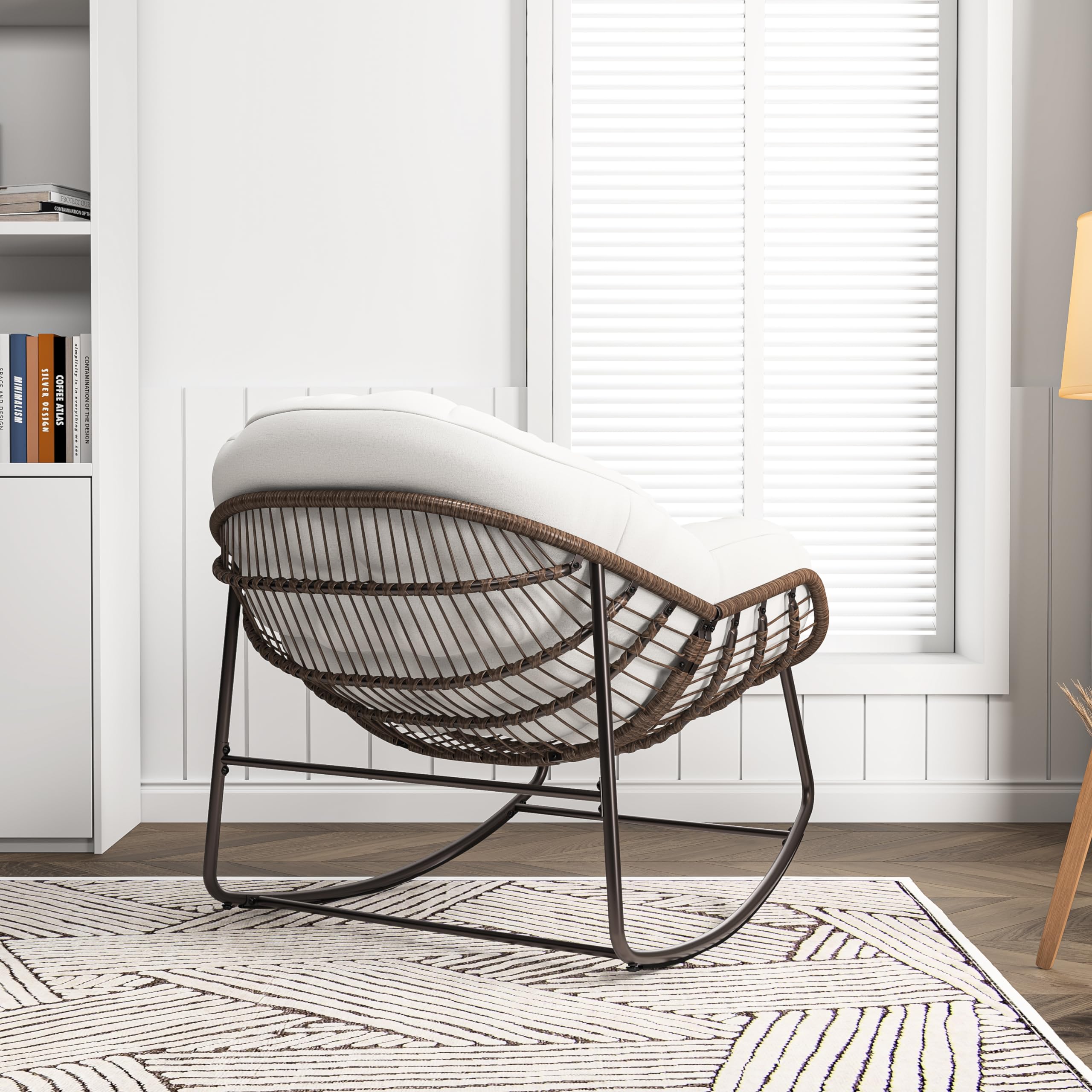 KeepGoon Mecedora de ratán para exteriores con acolchado, estilo escandinavo, silla de lactancia, silla de ocio, silla de ocio, tela impermeable, soporte de acero para salón, dormitorio, patio (beige)