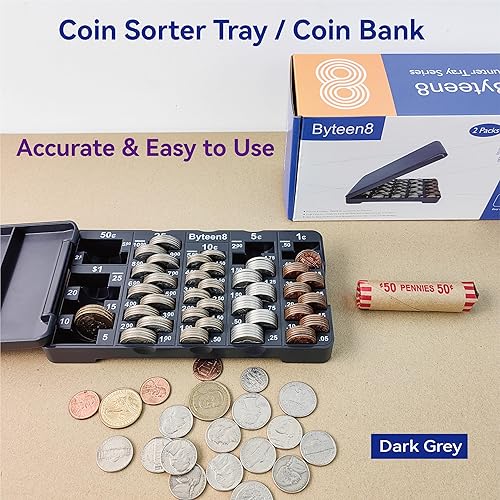 Miniatura 7 de Clasificador de monedas para contador de monedas, 2 paquetes, bandeja clasificadora de monedas con cubierta, contador de cambio de banco de monedas
