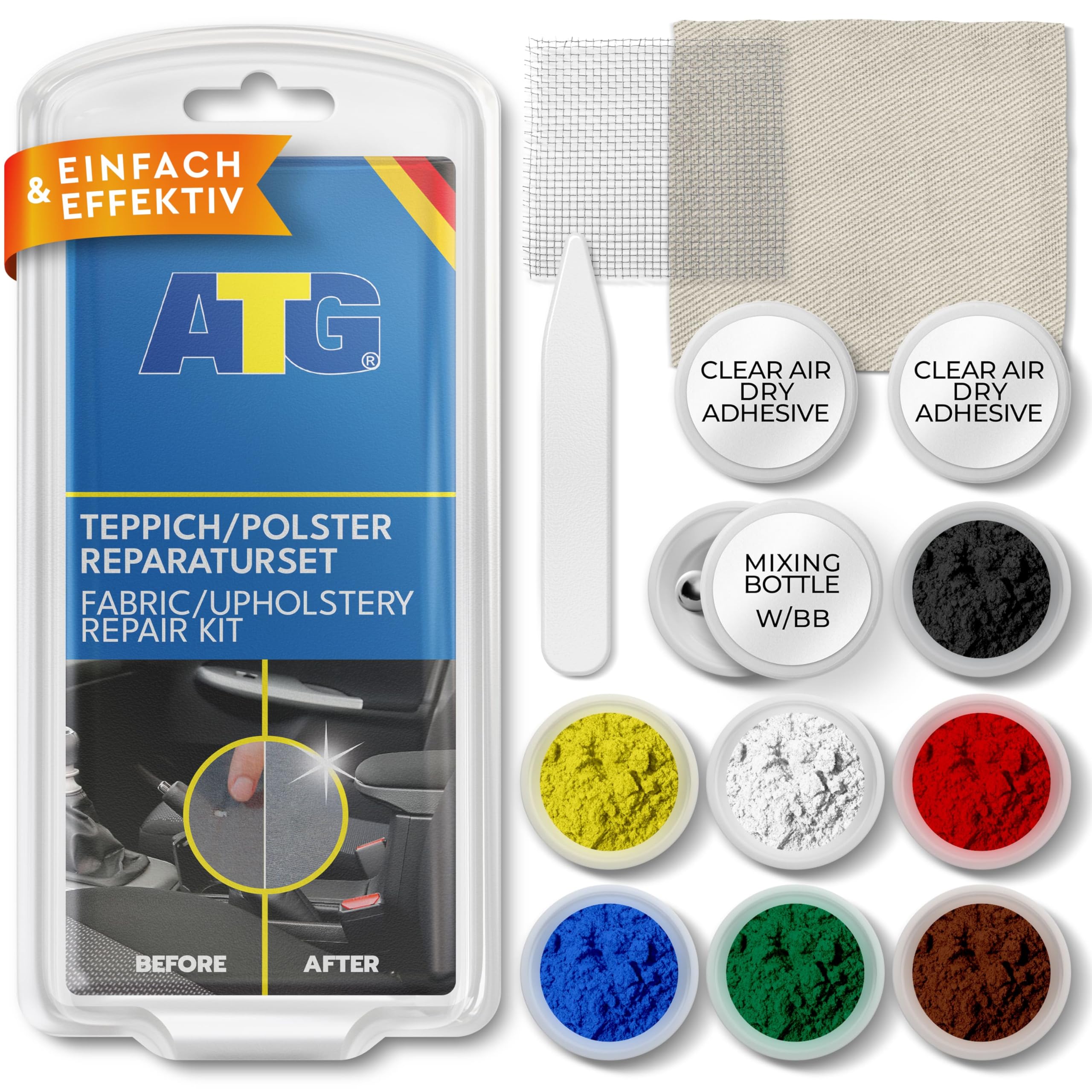 ATG Autositz Reparatur Set Stoff – Brandloch Reparaturset Auto für Brandlöcher & Risse, Reparieren und Flicken von Sitzstoffen, Polster Reparaturset für Auto, Sofa & Teppich