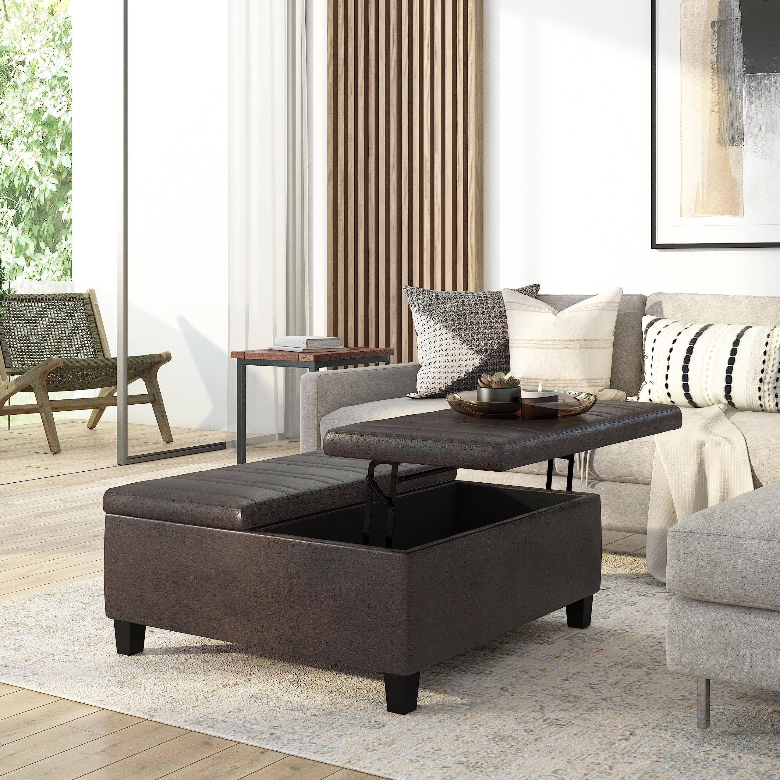 SIMPLIHOME Ellis 36 inch Wide Contemporary Square Coffee Table Storage Ottoman in Distressed Brown Vegan Faux Leather, Assembled, for The Living Room and Bedroom