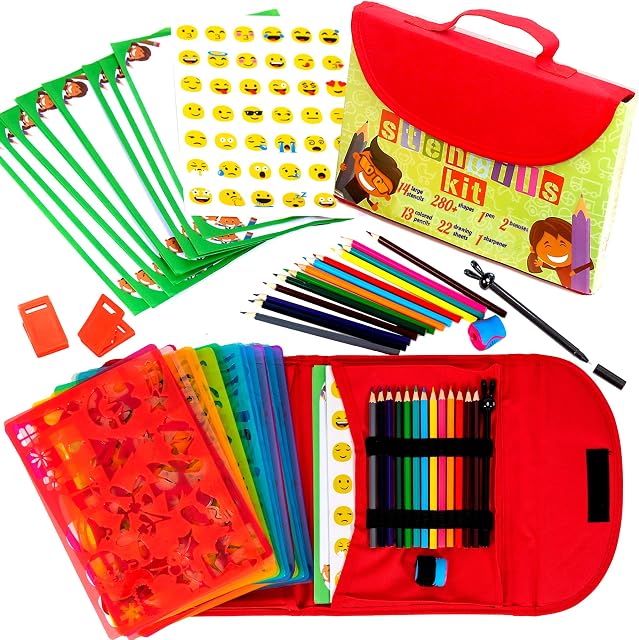 Stencils Premium Creative Learning Set for Kids Age 4-12. Drawing Stencil Kit of 55Pcs, 300 Shapes. Firm Art Supplies & Gifts for Girls and Boys. Colored Pencils, Papers, Emoji Stickers, and More