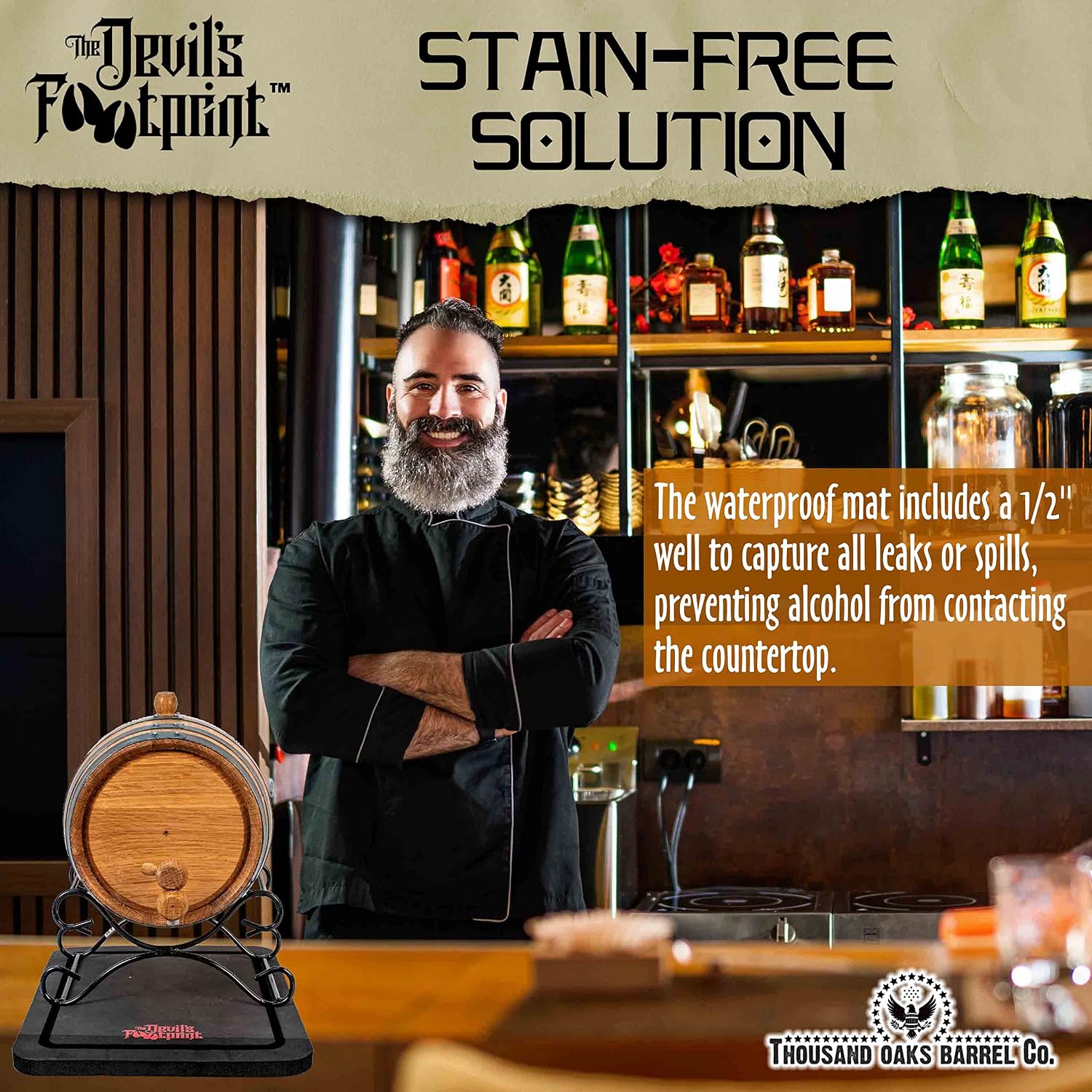 Devil's Footprint Waterproof Whiskey Barrel Mat, Wine Barrel Spill Mat