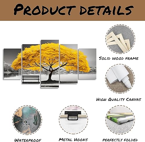 Miniatura 6 de QIXIANG Lienzo decorativo grande de árbol amarillo para pared, 5 piezas de paisaje de árbol junto al lago, para sala de estar, dormitorio, oficina,