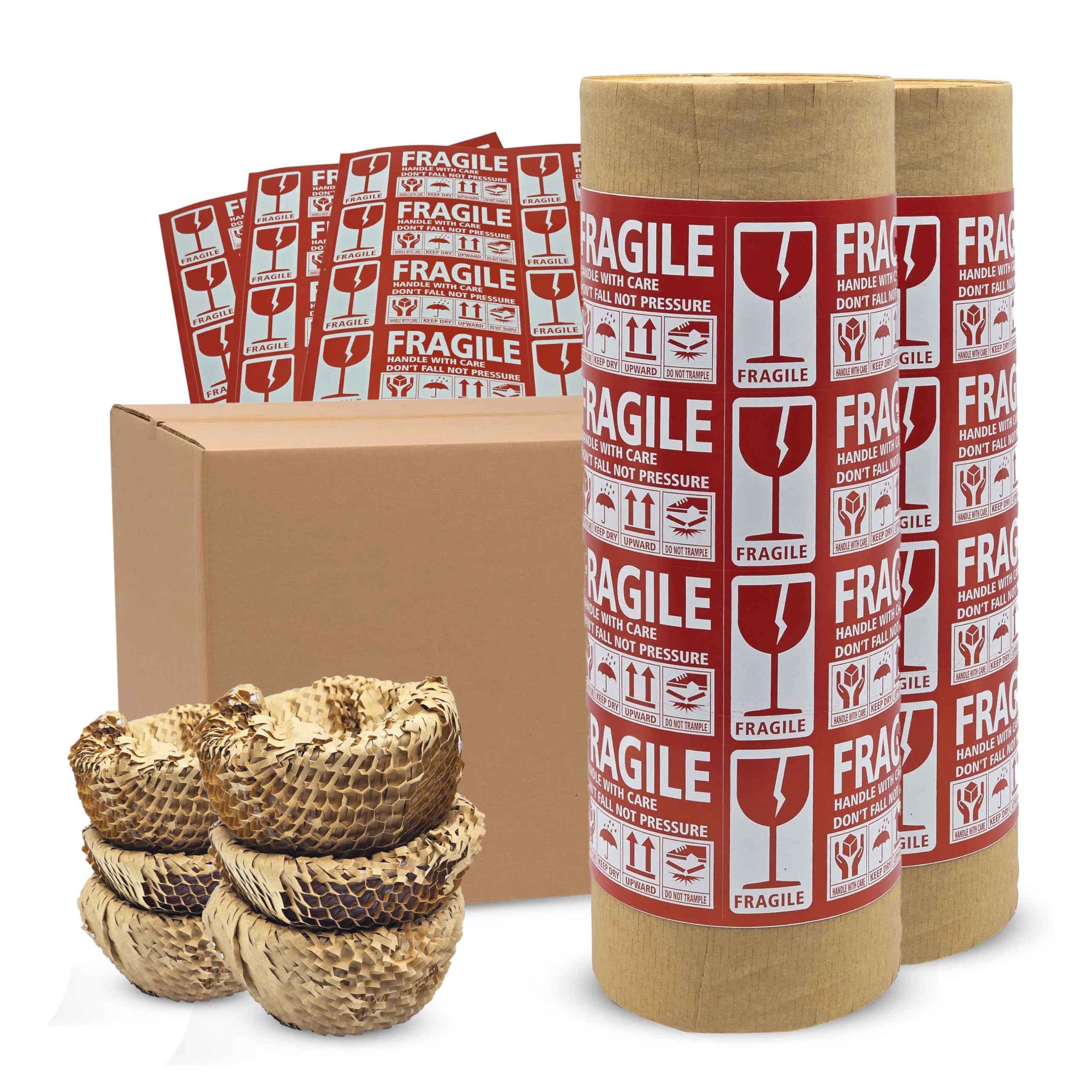 15”x700’ Honeycomb Paper, Honeycomb Packing Paper for Moving Packing Materials for Fragile Items, 2 rolls Each of 350ft With 50 Fragile Sticker Labels