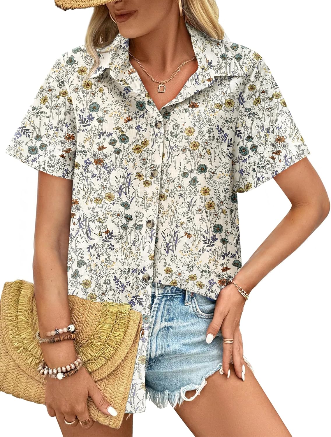 HOTOUCH Cotton Linen Button Down Shirt for Women V Neck Collared Blouse Casual Short Sleeve Tops with Pocket - Image 2