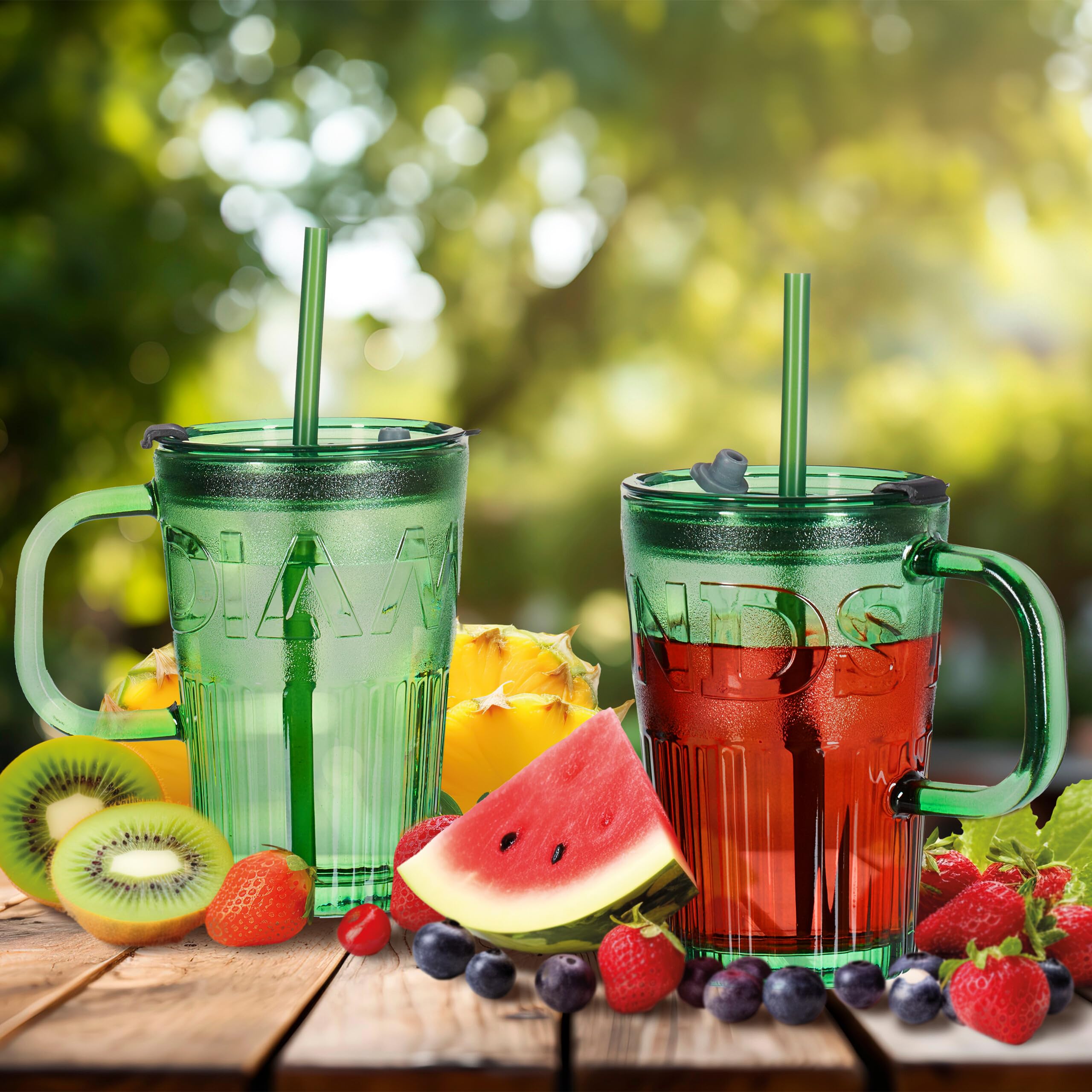 Relaxdays Set da 2 Tazze per Bevande, Bicchieri in Vetro per Frullati, con Coperchio Cannuccia e Manico, 450 ml, Verde