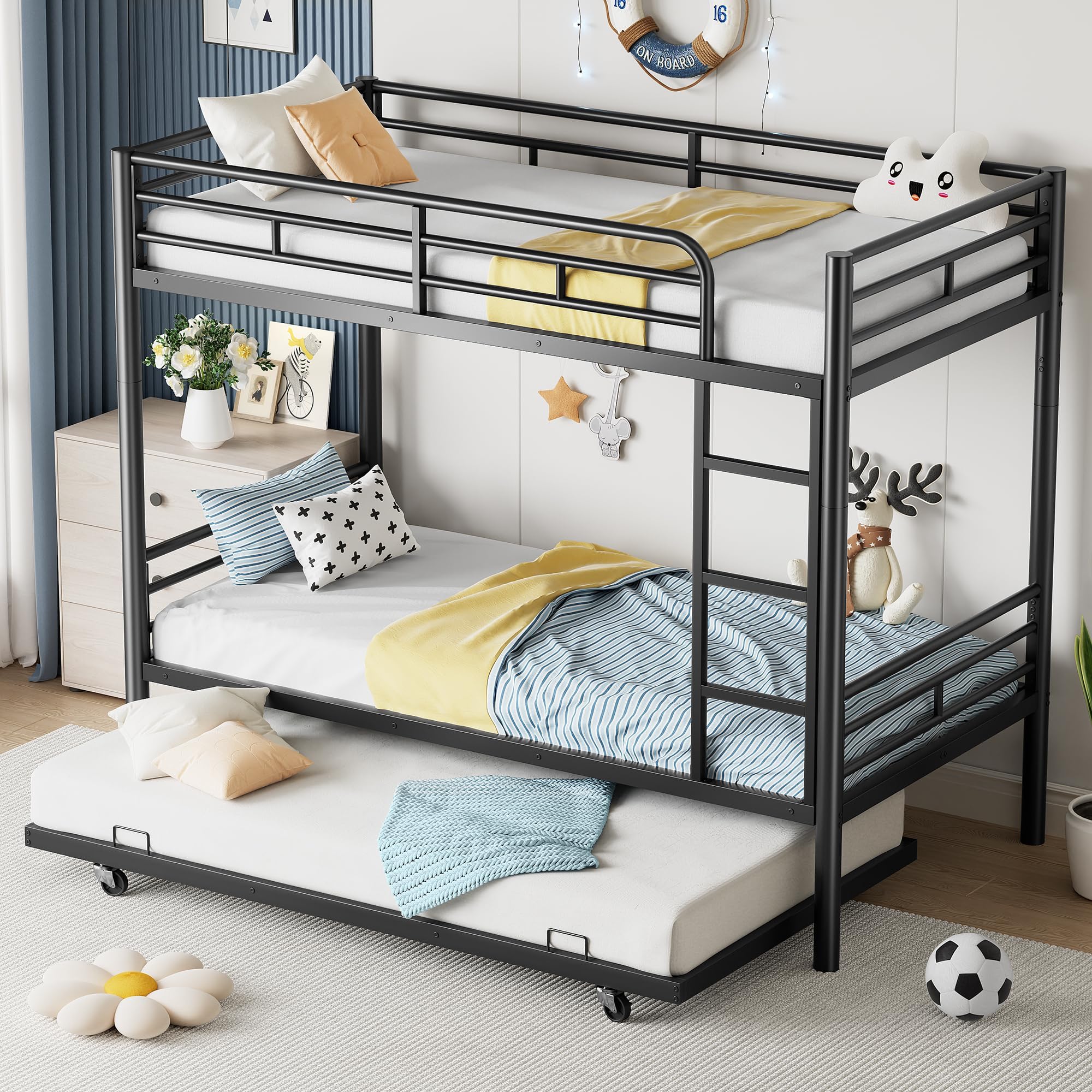 Twin Over Twin Bunk Bed with Trundle,Metal Bed Frame with Full-Length Guardrails & Ladder,Easy to Assemble,Space Saving, Black
