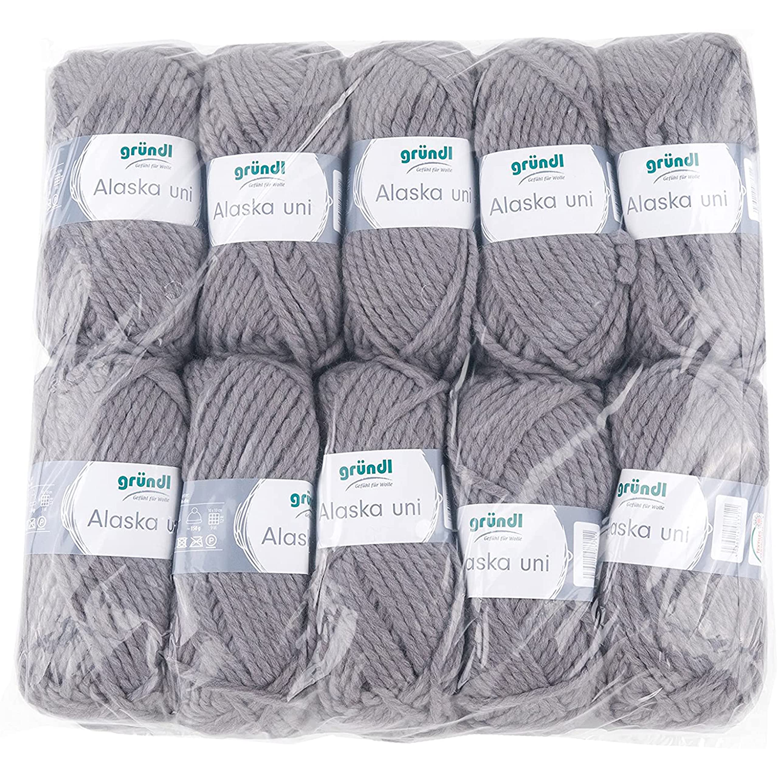 Gründl Alaska Plain (Knitting and Crochet Yarn with Wool-like Character 80% Polyacrylic and 20% Wool, 100g/75m, Needle Size: 10mm-12mm, 10 x 100g), Medium Grey, 40 x 37 x 11 cm