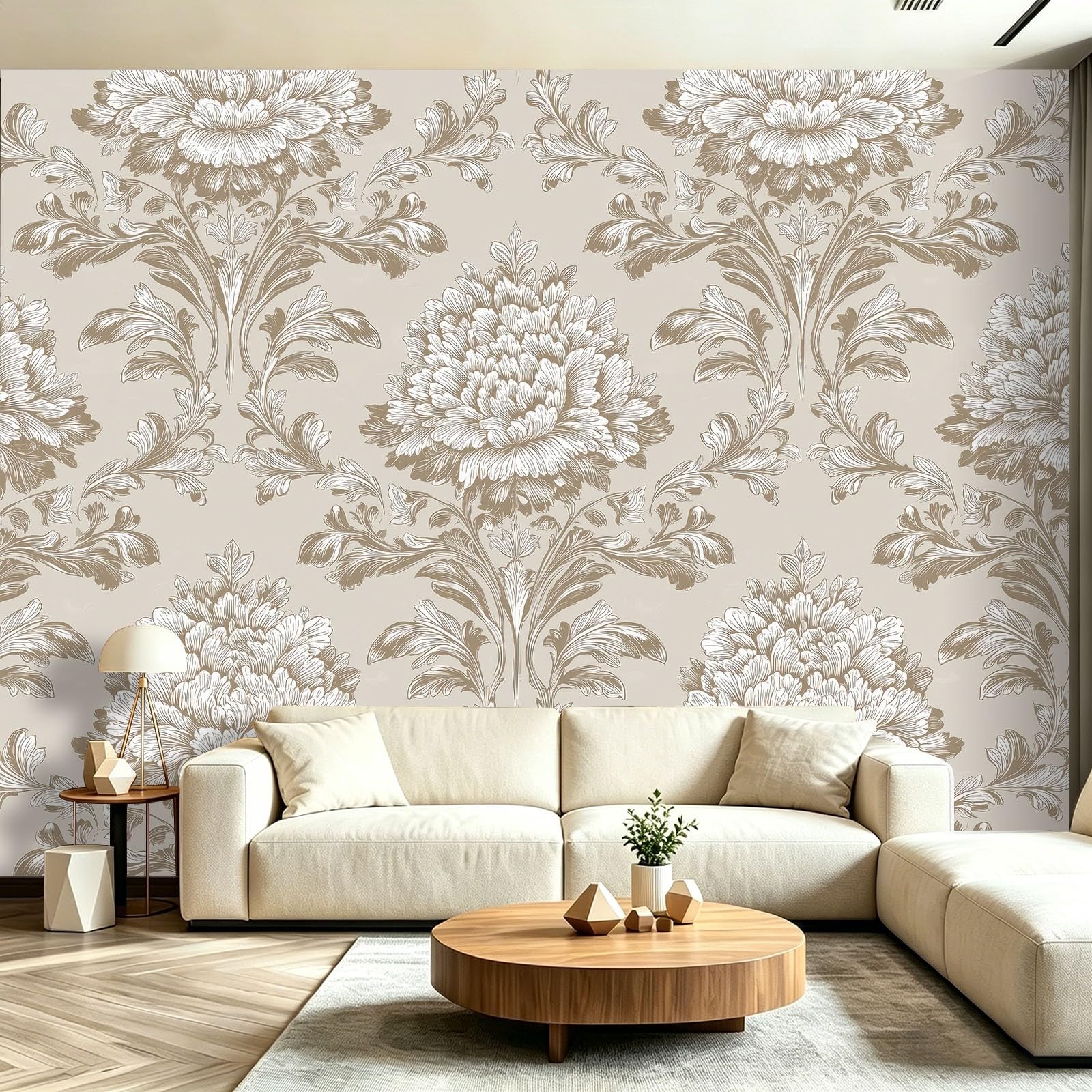 Fototapeta 300 x 210 cm ściany dekoracja salonu apartament główny adamaszek eleganckie kwiaty liście do sypialni salonu tapeta z włókniny, beżowy