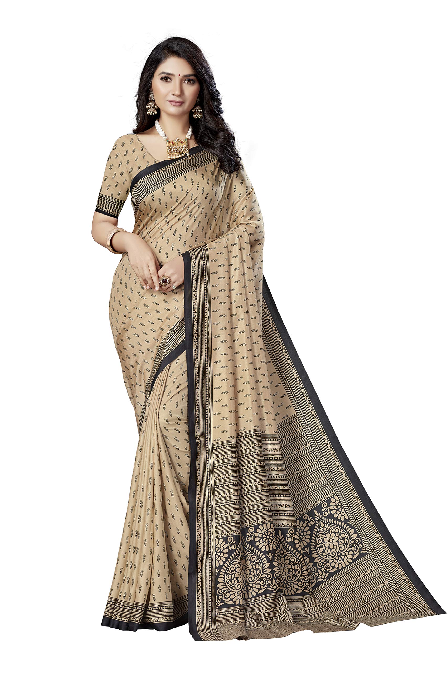 Vimla* Women's Beige Malgudi Art Silk Uniform Saree with Blouse Piece (2433_Beige)