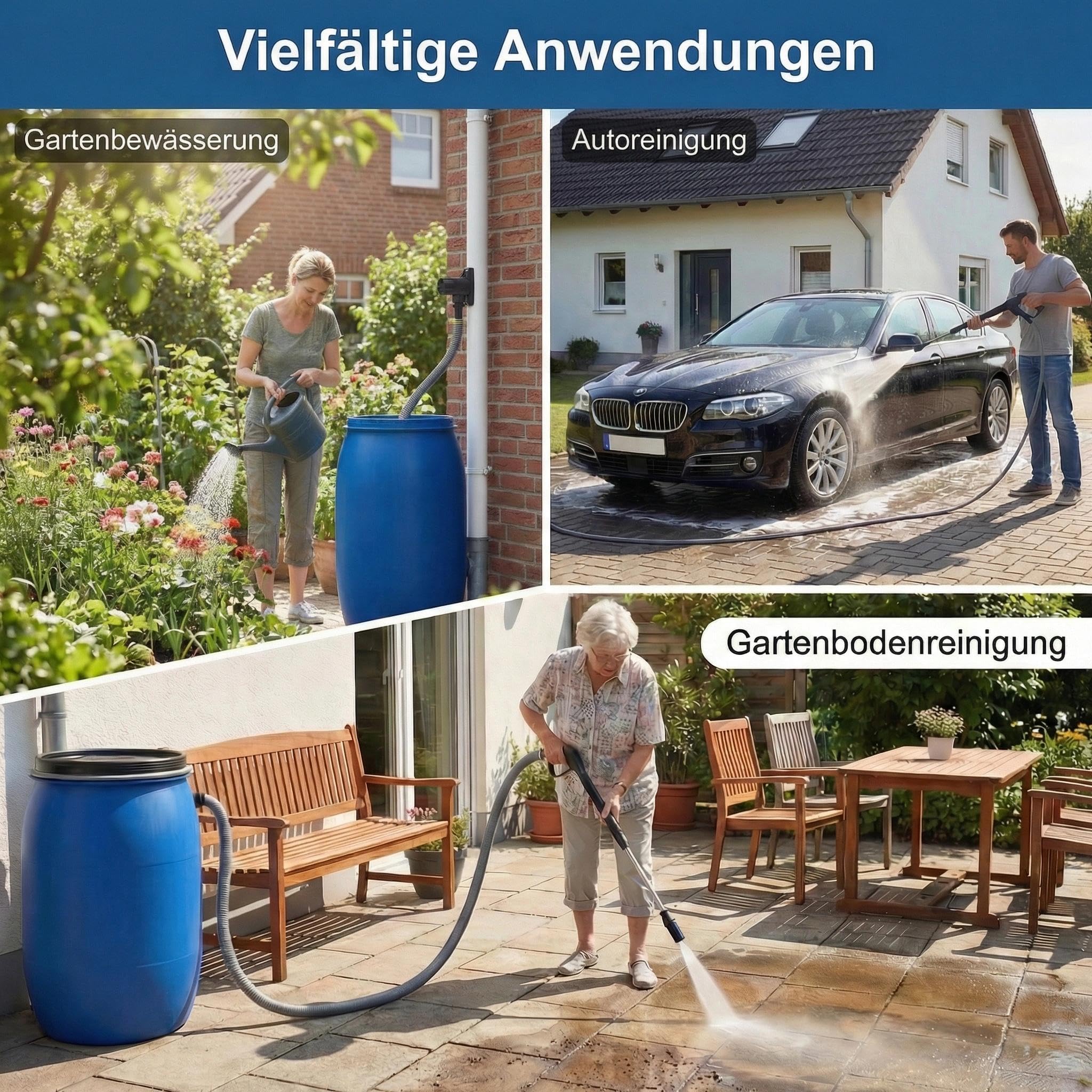 Regensammler für Fallrohre 70-110mm, Regenwassersammler mit Montagezubehör und 100cm Schlauch, Regentonnen Anschluss Fallrohr, Fallrohr Regenwassersammler Set für Dachflächen bis 80 m²