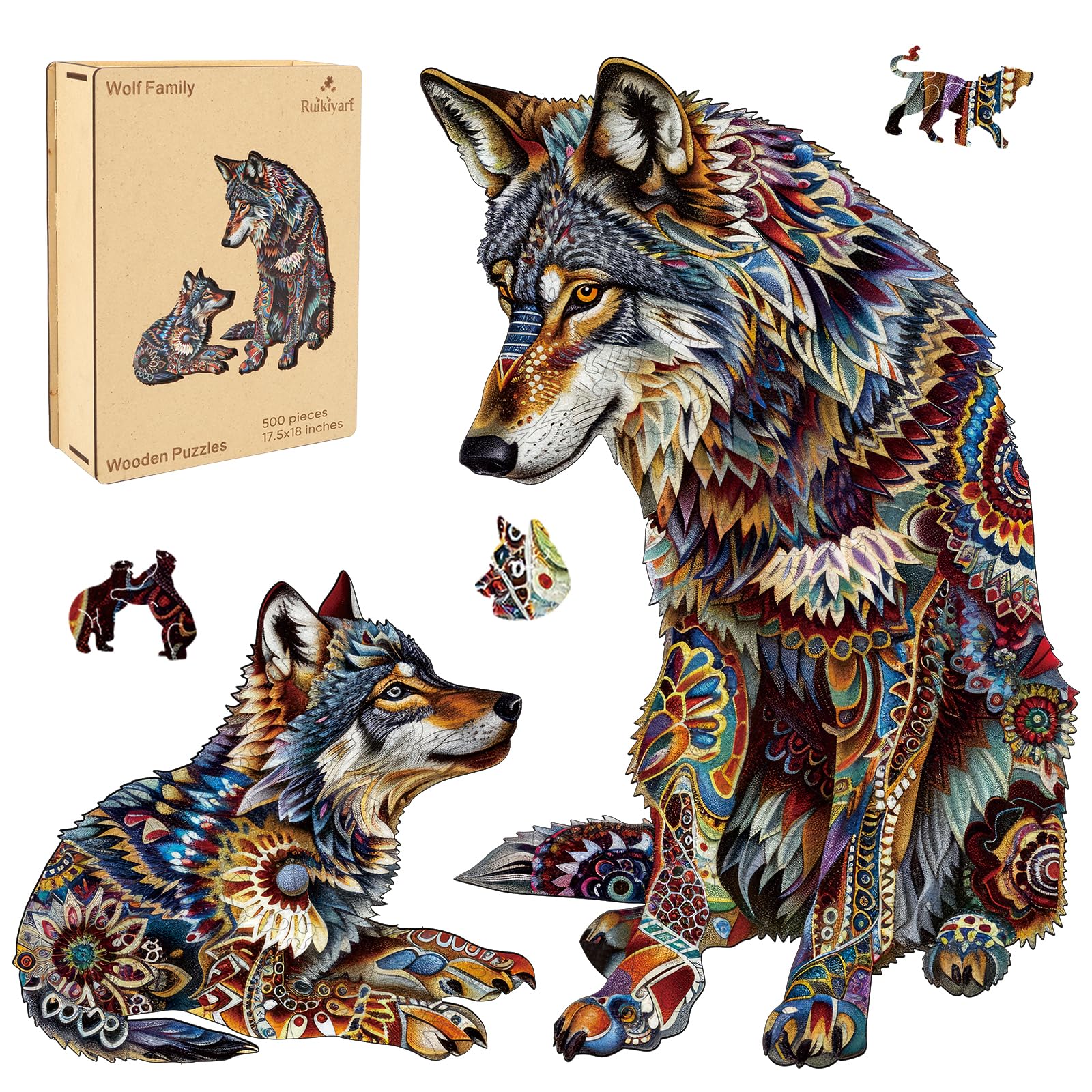 Ruikiyart Puzzles for Adults 500 Pieces, 5MM Wolf Cub Wood Jigsaw Puzzles, Animal Unique Shaped Puzzle Games Challenge Puzzles for Kids Home