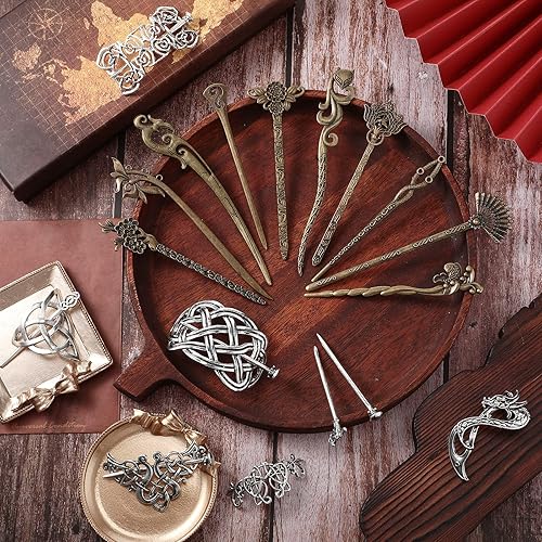 Miniatura 7 de 16 piezas vintage de plata celta para el cabello, horquilla china para mujer, palillos de bronce vintage, palillos para el cabello, pasadores de
