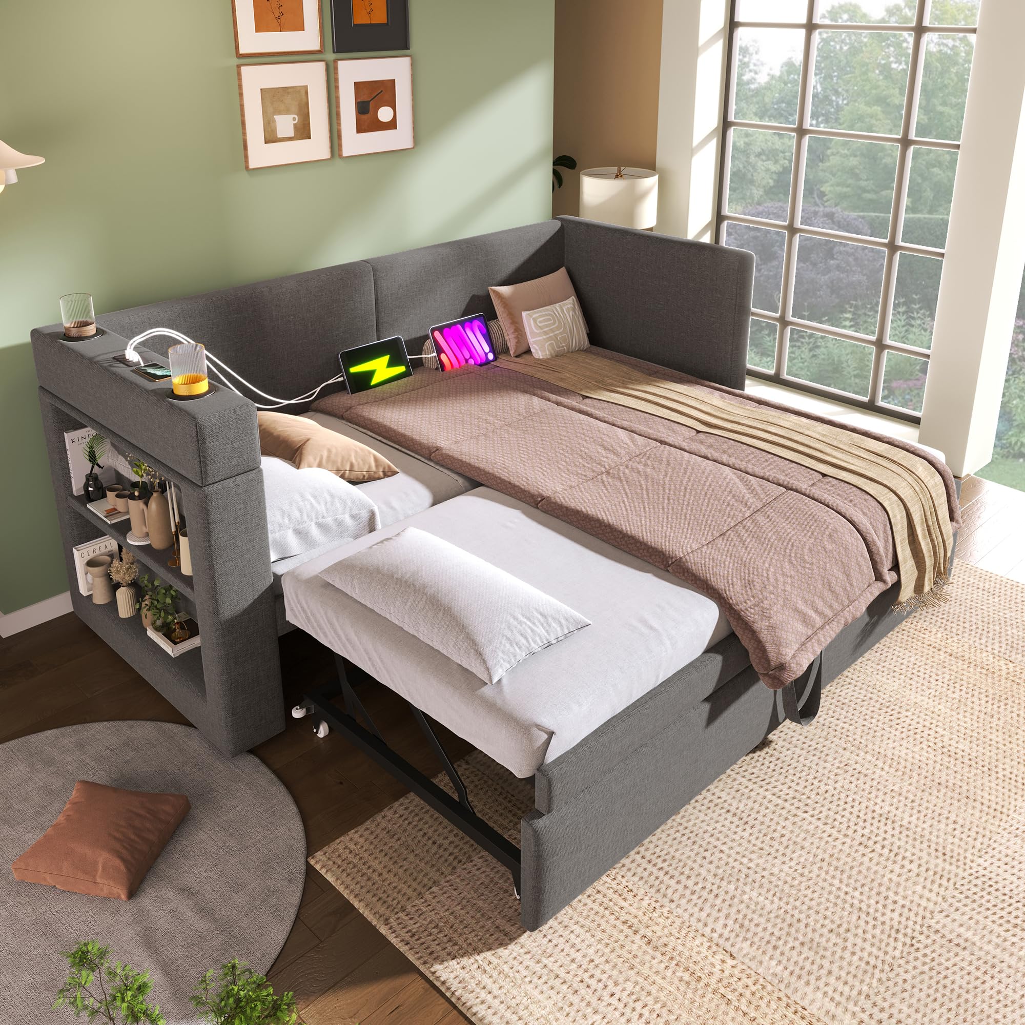 Dolamaní sofa rozkładana 90/180x200 cm z funkcją spania, sofa tapczerowana ze skrzynią na pościel, rozkładane łóżko o tej samej wysokości z USB, płótno (szary)