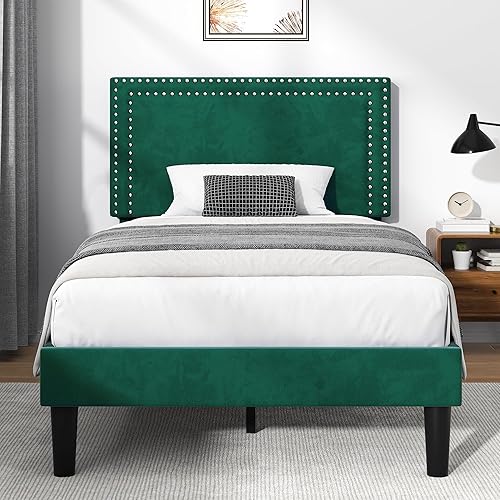 Miniatura 274 de VECELO Base de cama de tamaño matrimonial con cabecera tapizada ajustable, plataforma de listones de madera, diseño sin ruido, fácil montaje Negro