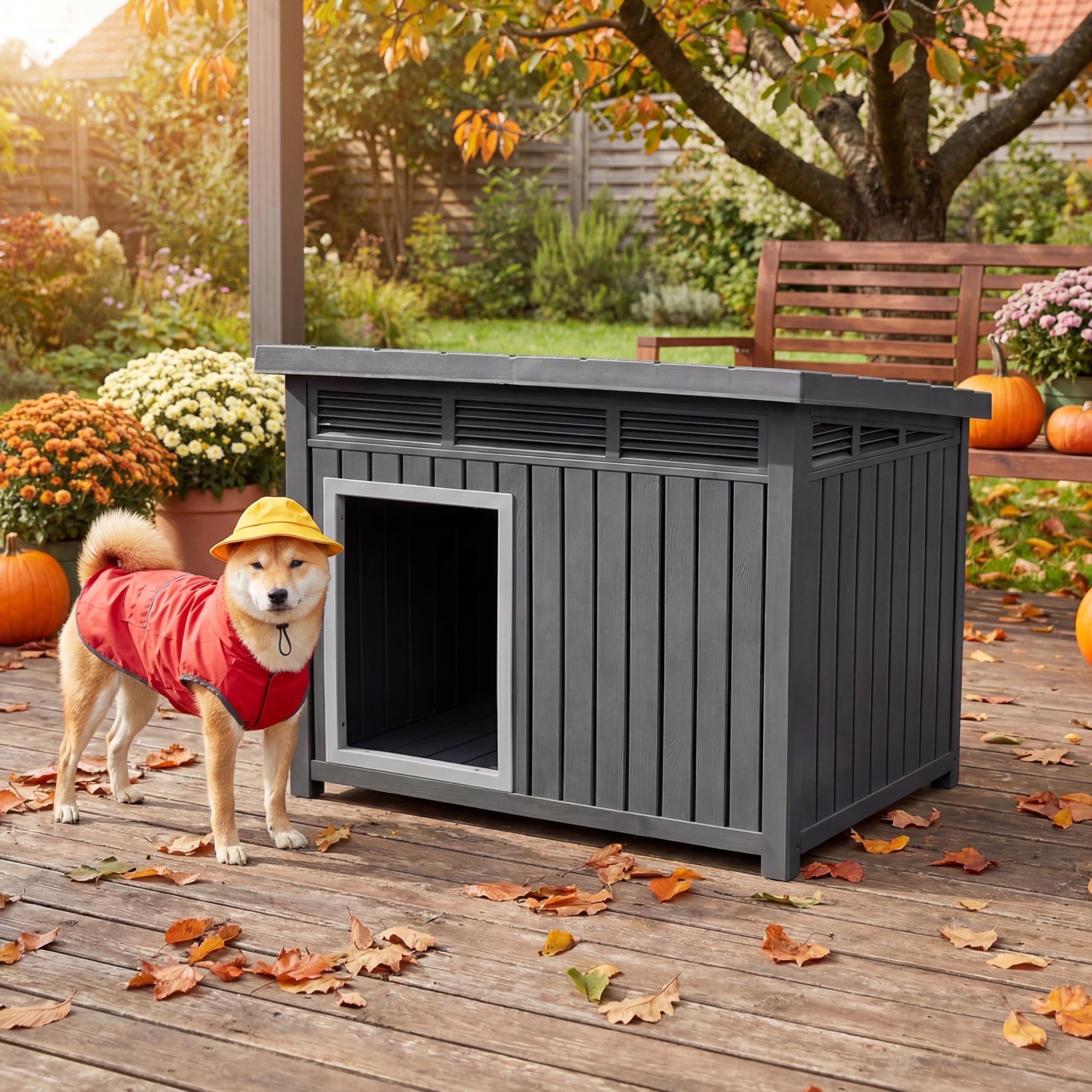 GYMAX Hundehütte Outdoor, Hundehaus für mittelgroße Hunde, Isoliert & Wetterfest, Kleintierhaus mit aufklappbarem Schrägdach, Lüftungsöffnungen & Drainagelöchern, 81 x 64 x 61 cm, Schwarz