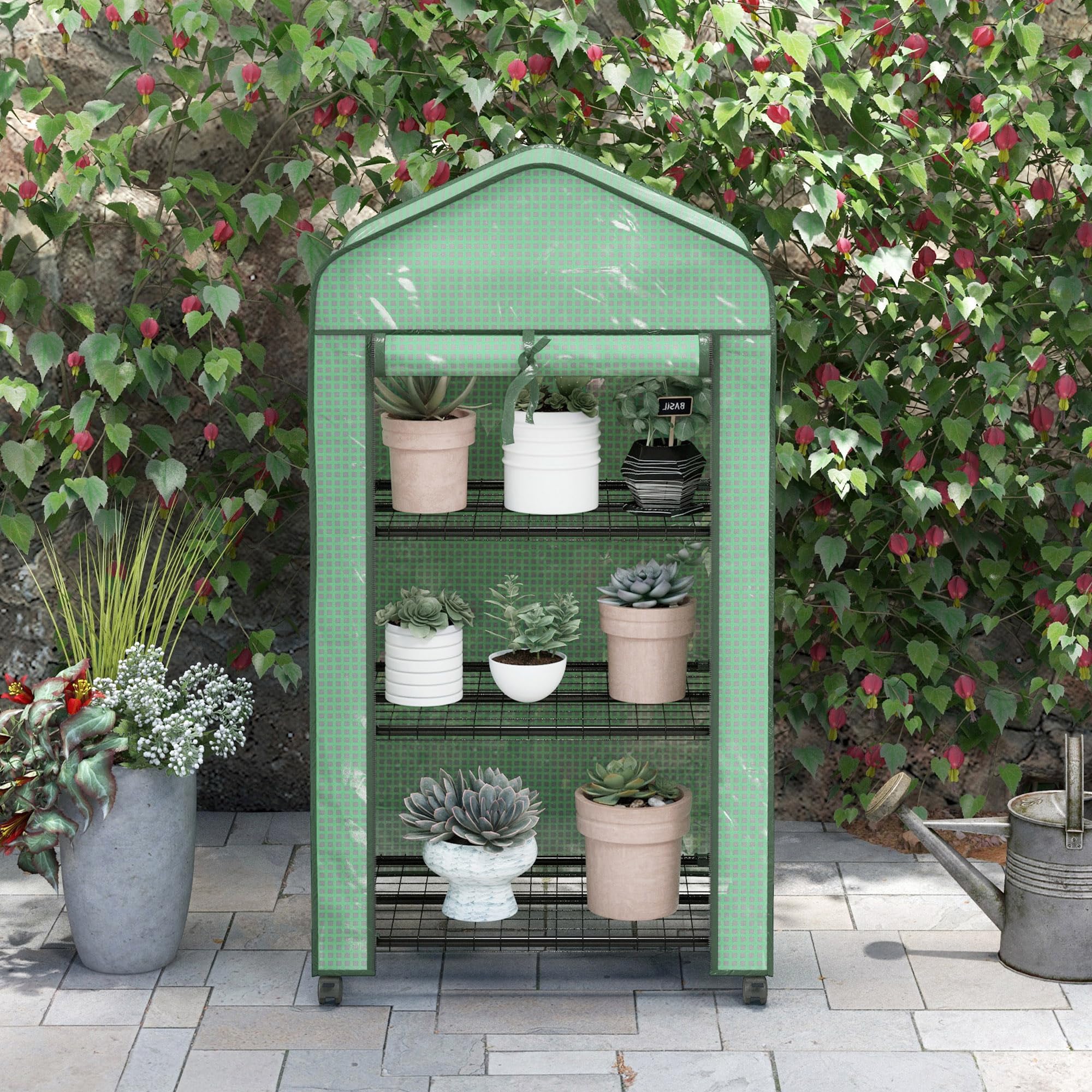 Outsunny Serre de Jardin PE avec étagères 3 Niveaux, Serre de Balcon, bâche PE, châssis en Acier, Porte zippée Enroulable, pour légumes Plantes Fleurs, 69x49x130cm, Vert