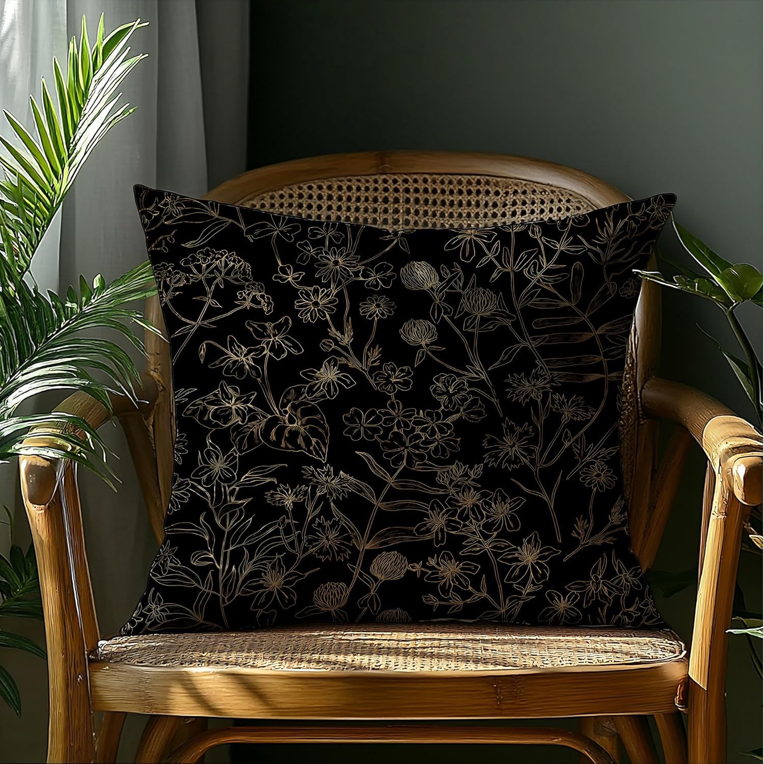 Elegant Gold Plant Floral Pillow Covers 18x18, Vintage Dark Cottagecore Rustic Wildflower Botanical Decorative Throw Pillow Covers, Plant Flower Room Decor image 4