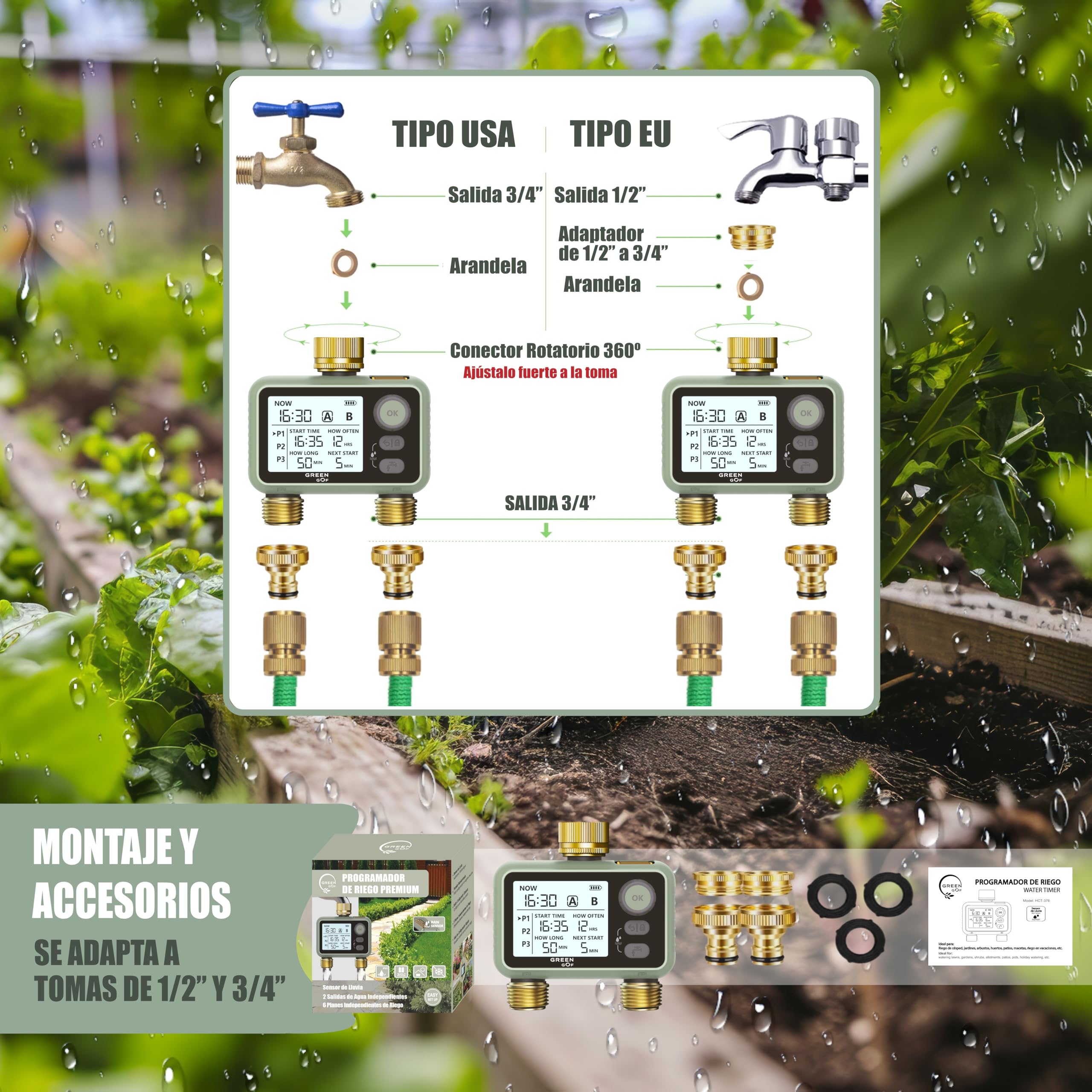 Programmatore di irrigazione Premium - Connettori in ottone - Sensore pioggia - 2 uscite d'acqua - Timer a basso consumo a batterie - 6 programmi indipendenti - Facile e intuitivo.