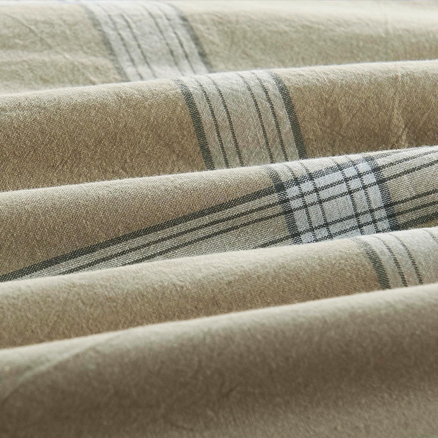 HESTIN Duvet Cover Set 3 Piece 100% Washed Cotton, Plaid Windowpane Check Checkered Textured Breathable Durable Soft Comfy Bedding Set, King, Taupe