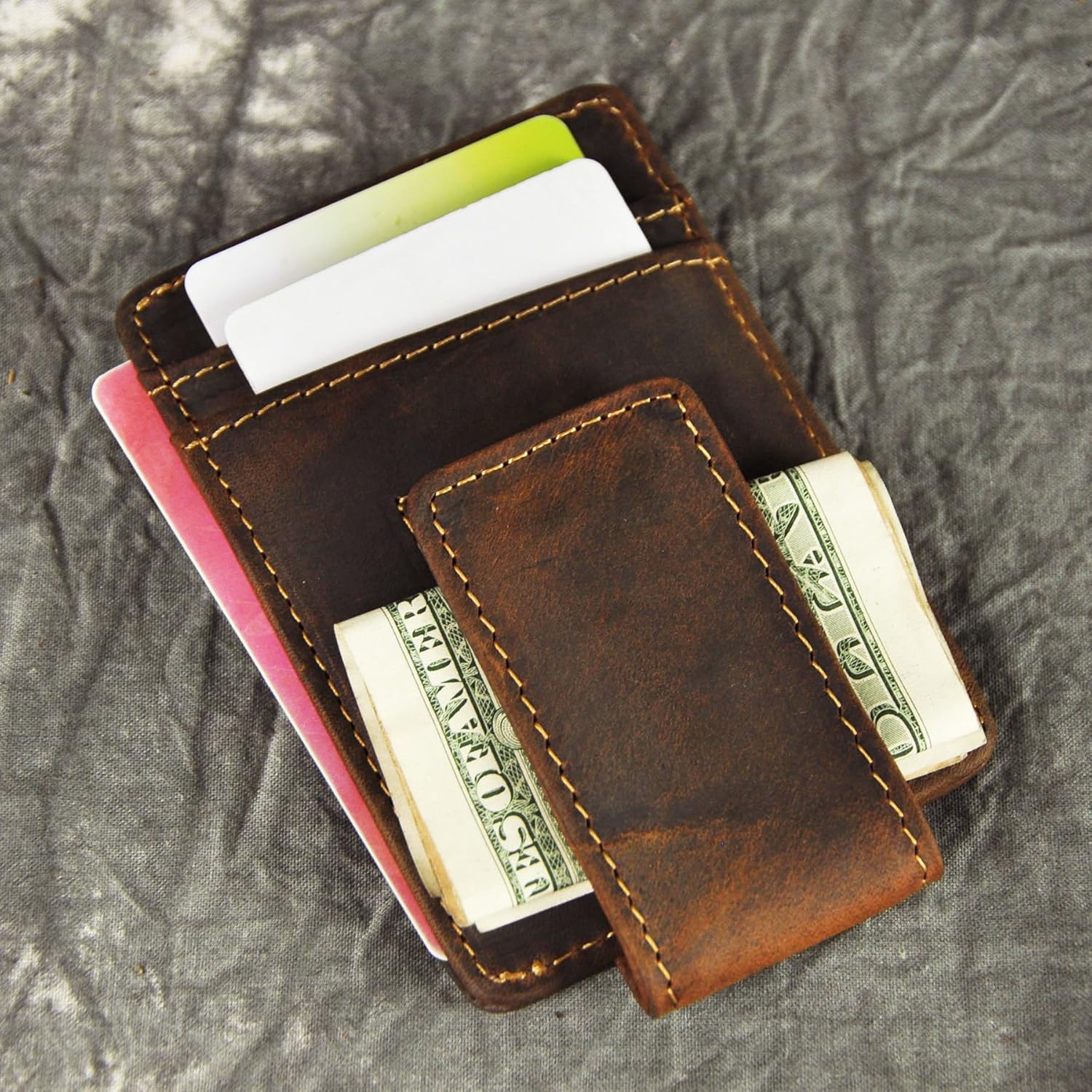 Le'aokuu Genuine Leather Magnet Money Clip Credit Card Case Holder Slim Wallet - Image 7