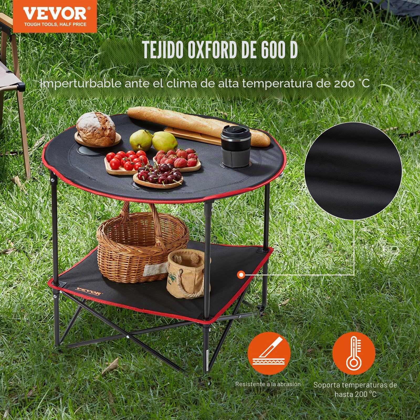 VEVOR Mesa de Camping 72x72x61 cm Carga de 25 kg Mesa Plegable Portátil para Exteriores Bandeja Ligera en Tejido Oxford 600D Estructura de Acero con Bolsa de Transporte para Playa Pícnic Barbacoa