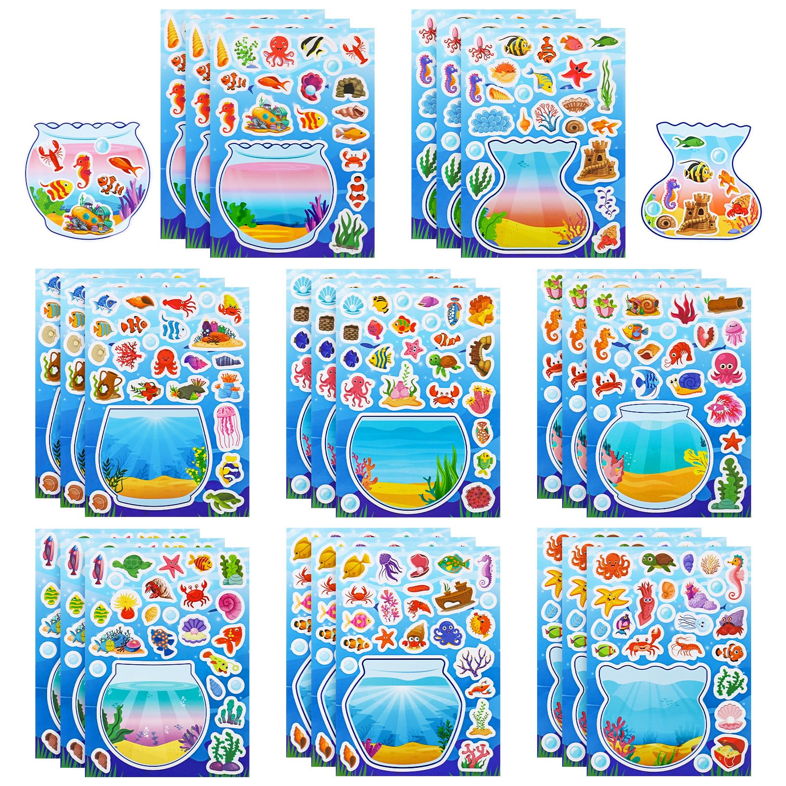 GSrenyu 24 Sheets Fish Tank Stickers for Kids, Blue Ocean Cartoon DIY Sticker Pack, Cute Stickers for Aquarium Craft, Party Favors, School Projects, Party Bag Fillers for Kids