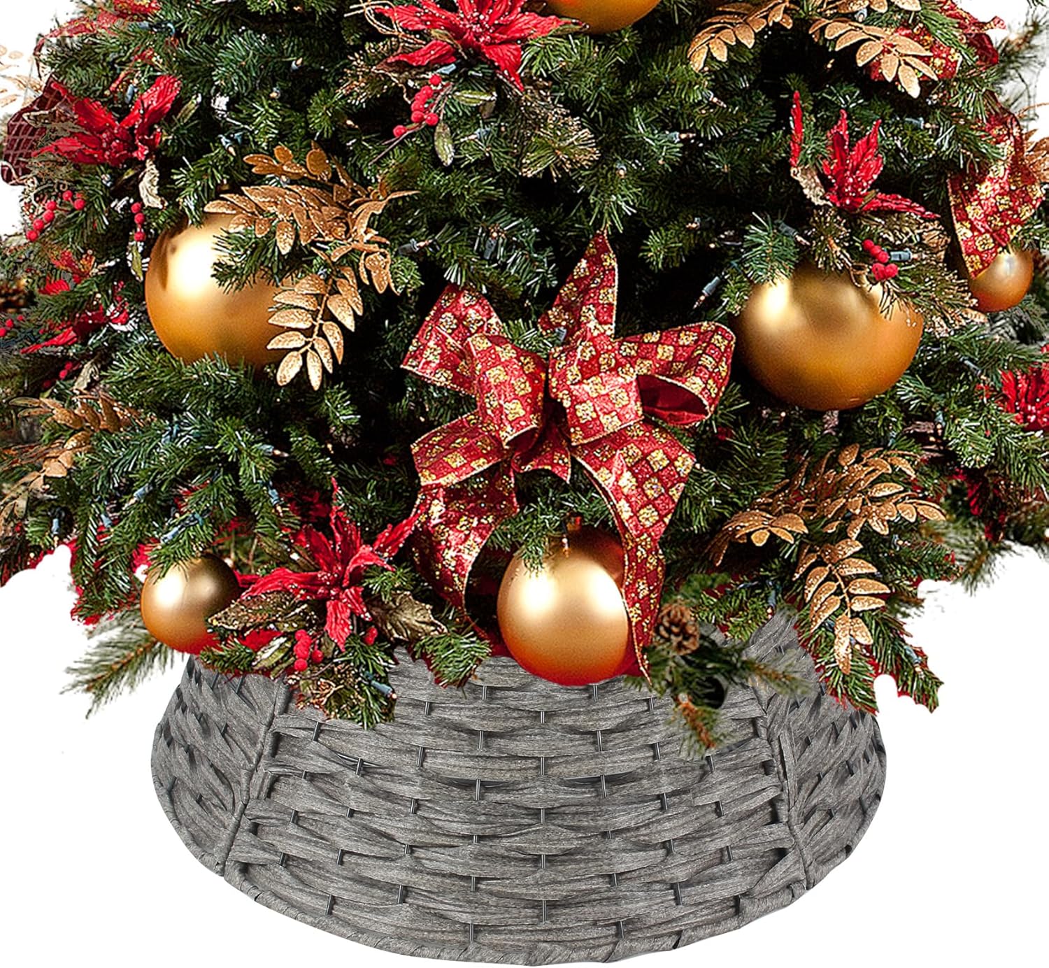 Christmas Tree Collar 23'' D Handmade Artificial Rattan Wicker Tree Collar Basket Christmas Woven Tree Ring Stand Base Cover for Holiday Decoration-Round Gray Gray 23''