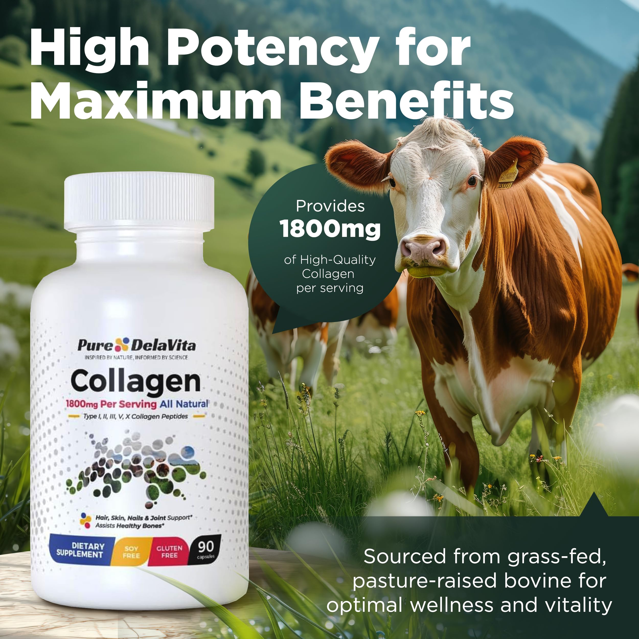 Complete Collagen Capsules for Women – 1800mg, Types I, II, III, V, X for Hair, Skin, Nails, Joints & Bone Health, High Absorption, Anti-Aging, Non-GMO, Gluten-Free, 90 Capsules