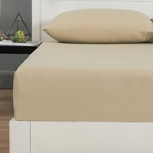 Miniatura 5 de DaDa Bedding - Sábana bajera ajustable de algodón natural suave de 14 pulgadas de profundidad, lujoso juego de sábanas neutras beige arena con 2