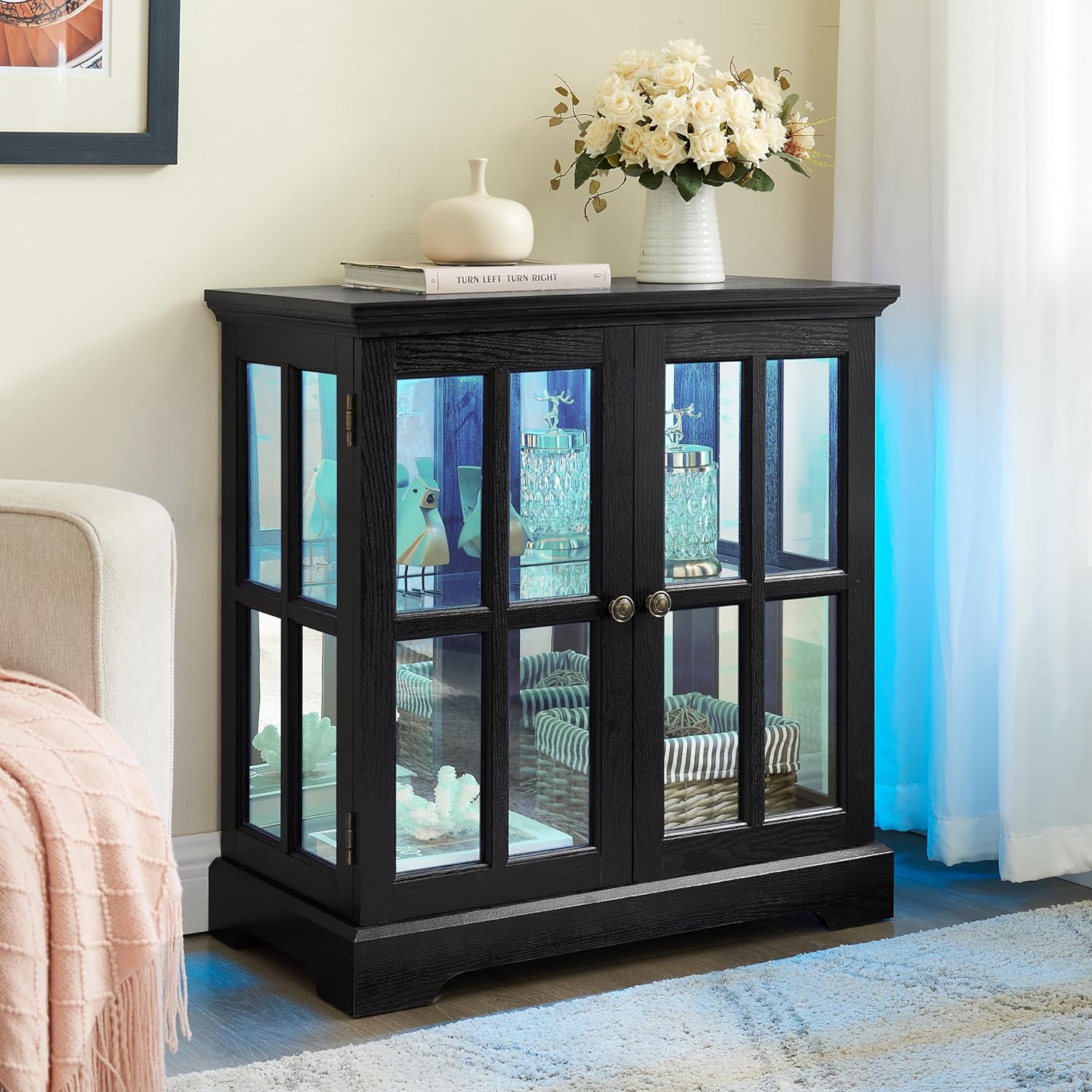 30" Glass Curio Display Storage Cabinet with LED Light, Modern 2 Lattice Doors Tableware Display Sideboard w/Adjustable Shelves, Retro Design Quality Showcase Bookcase for Home (Black)