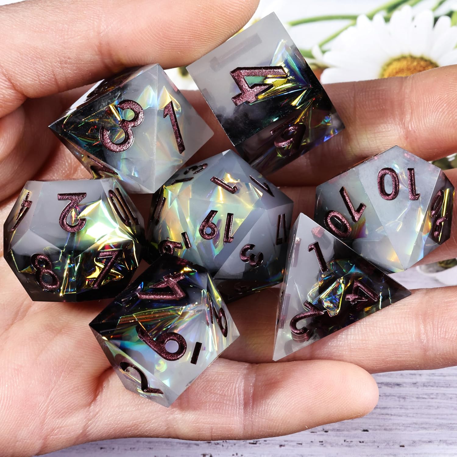 Holographic DND Sharp Edge Roleplaying Polyhedral Dice Set,for Dungeons and Dragons RPG MTG Table Games,7 Pcs Handmade Gemstone Dice Set